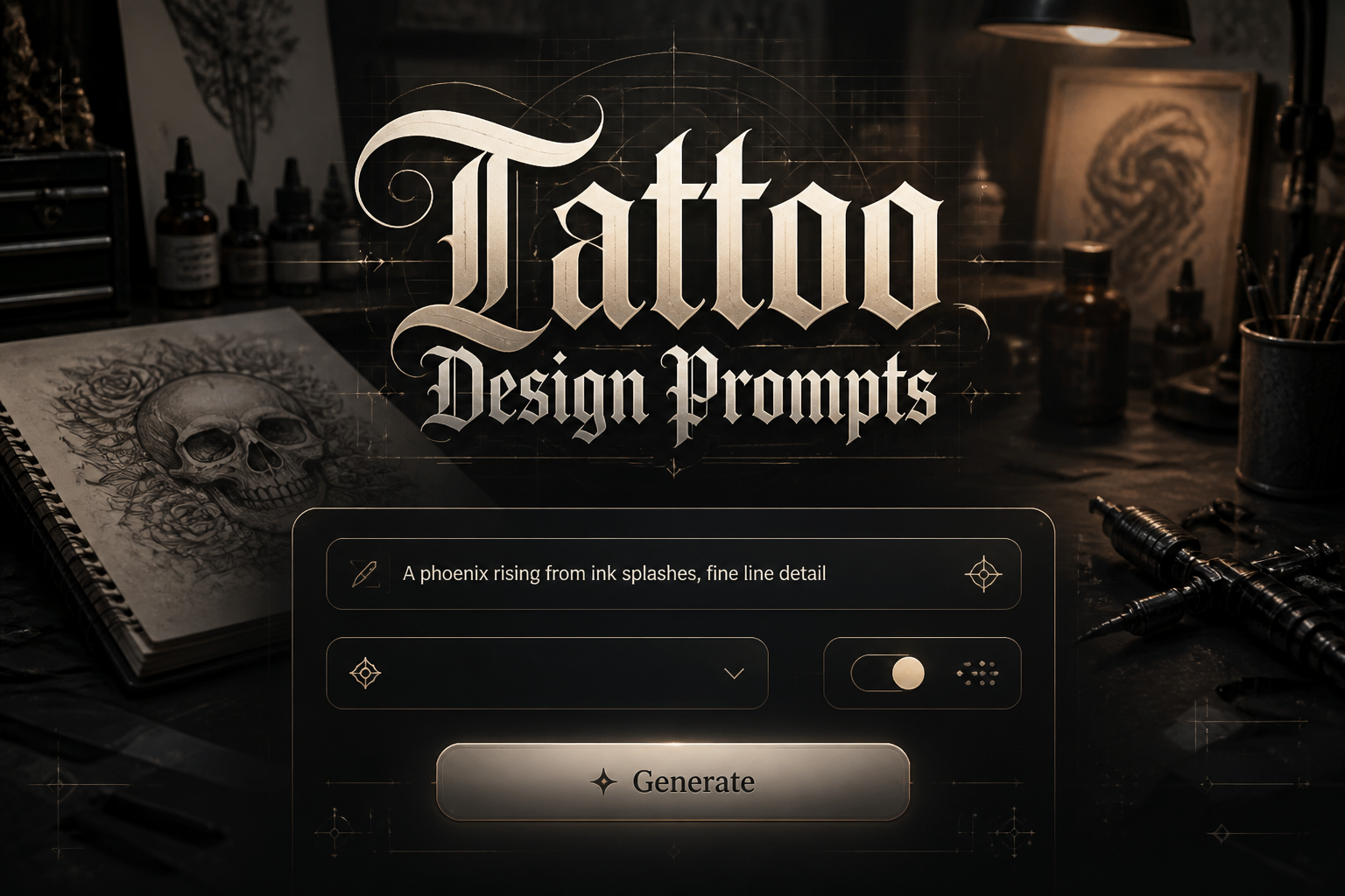 Featured hero image for a tattoo design prompts tool with "Tattoo Design Prompts" in tattoo-inspired typography, a centered UI panel showing a prompt field, style dropdown, detail toggle, and Generate button over a tattoo artist workspace.