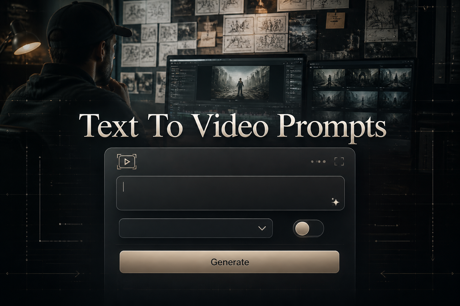 Centered hero panel with the title Text To Video Prompts, a prompt input, dropdown, toggle, and Generate button over a filmmaker editing storyboard-to-video scene, ideal for text to video prompts and AI video prompt generator tools.