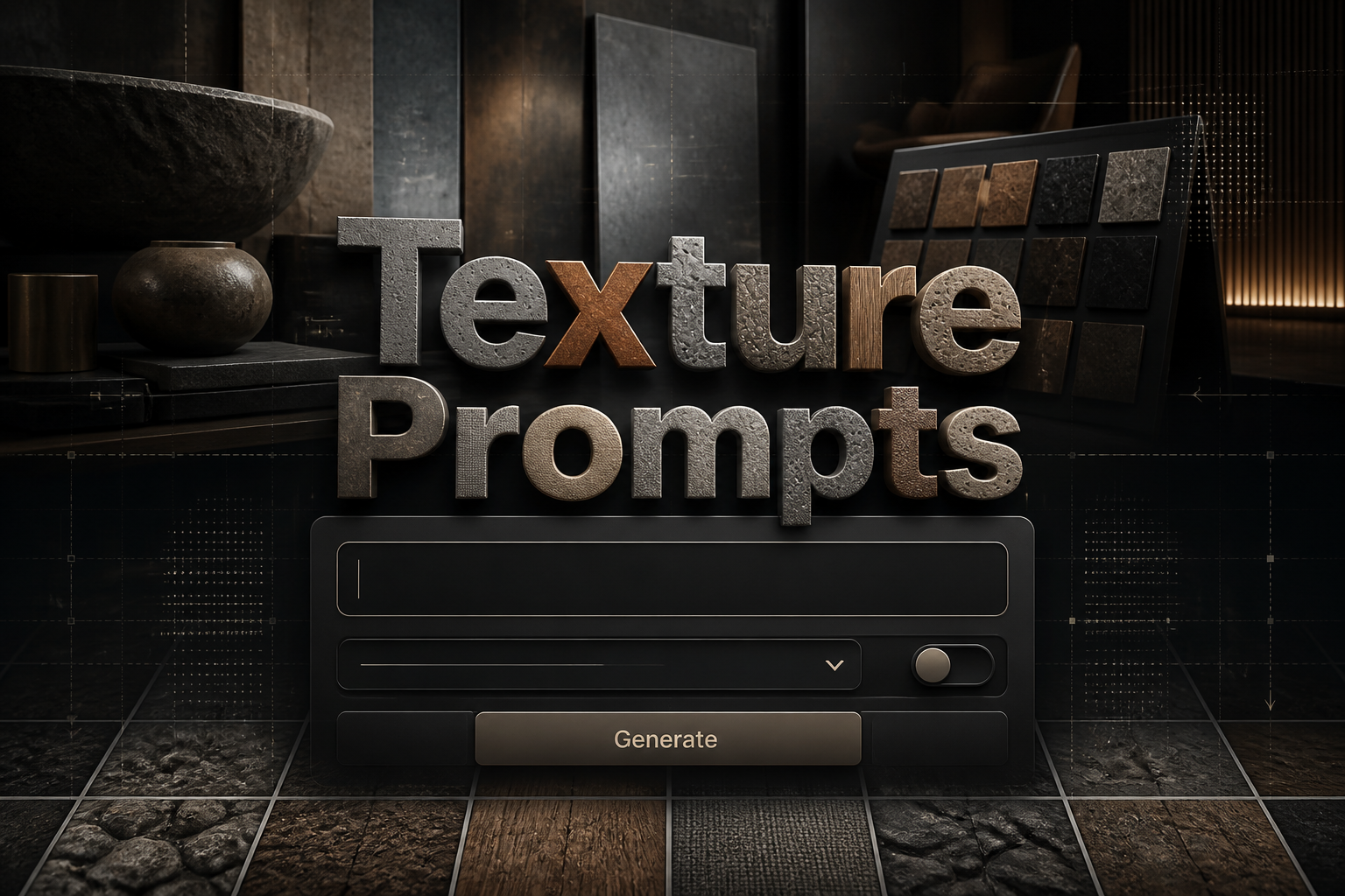 Centered hero graphic for Texture Prompts with a soft-shadow title, refined texture prompts UI panel, a description field, dropdown, toggle, and Generate button over a premium material design background with subtle grid lines.