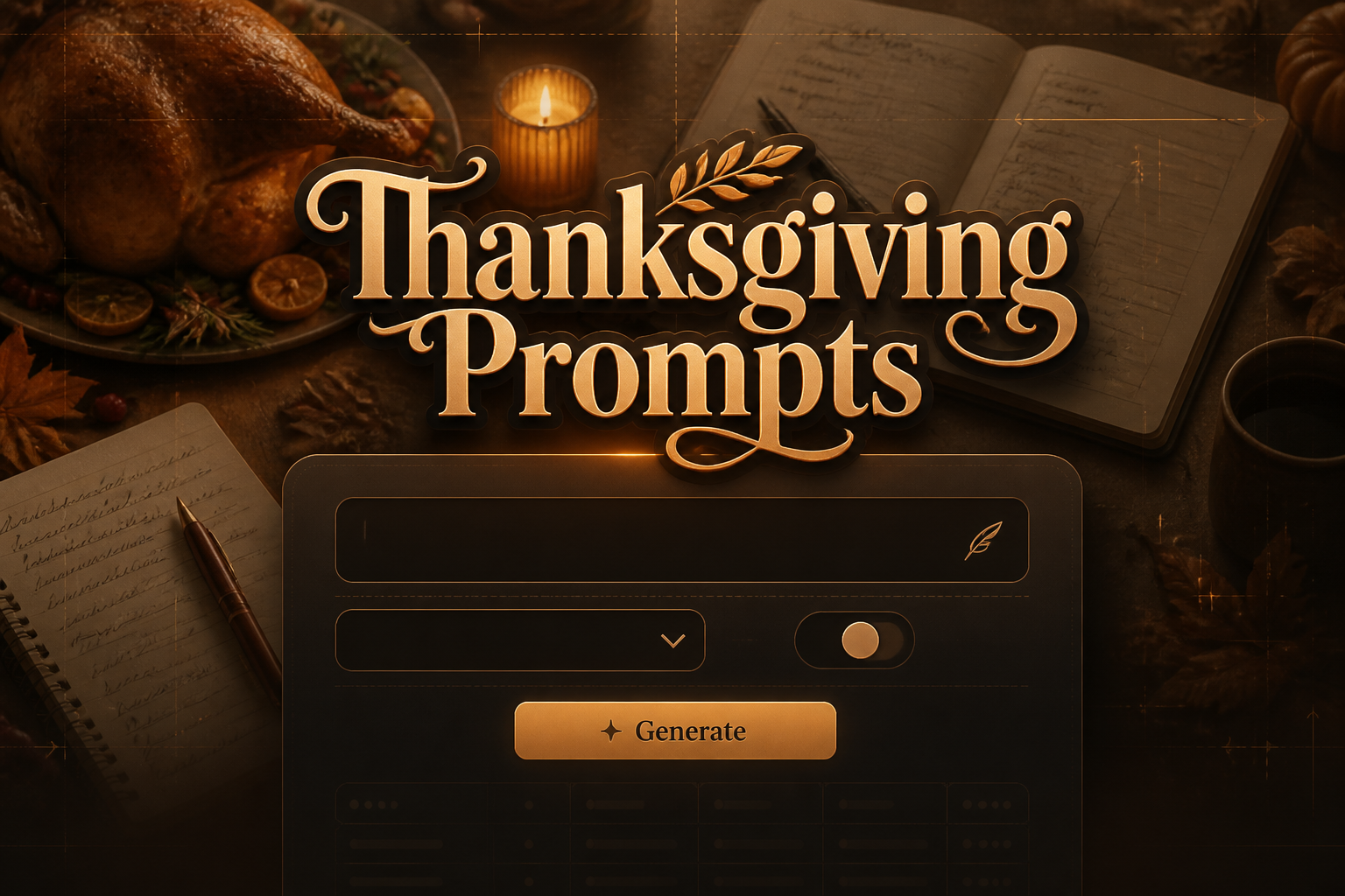 Elegant thanksgiving prompts hero image with a centered UI panel, prompt idea input, tone dropdown, toggle switch, and Generate button, over a festive holiday meal planning scene with subtle grid details and deep black shadow title text.
