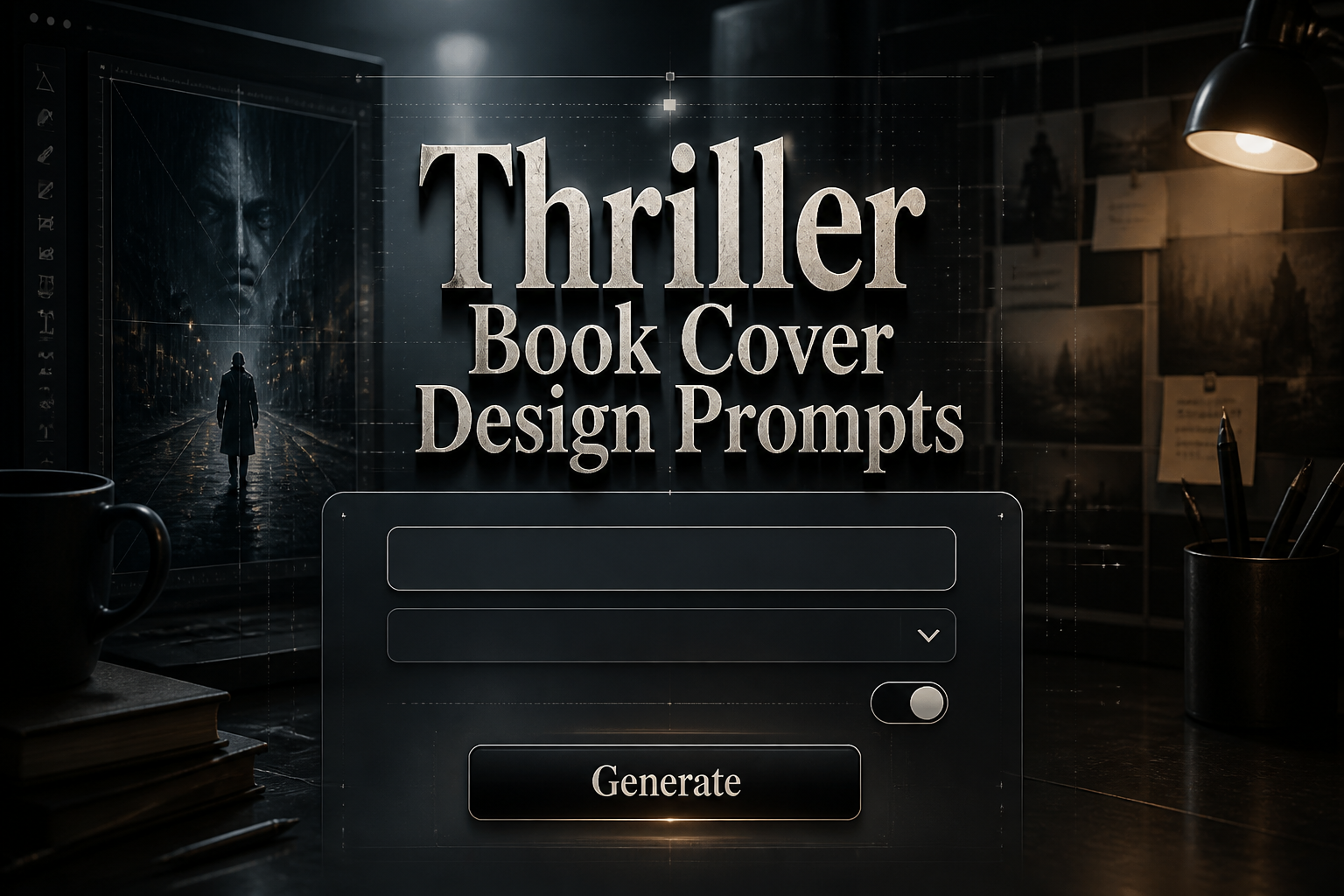 Centered thriller book cover design prompts hero graphic with a bold "Thriller Book Cover Design Prompts" title, dark UI input fields, genre tone dropdown, dark atmosphere toggle, and Generate button over a sleek dramatic workspace.