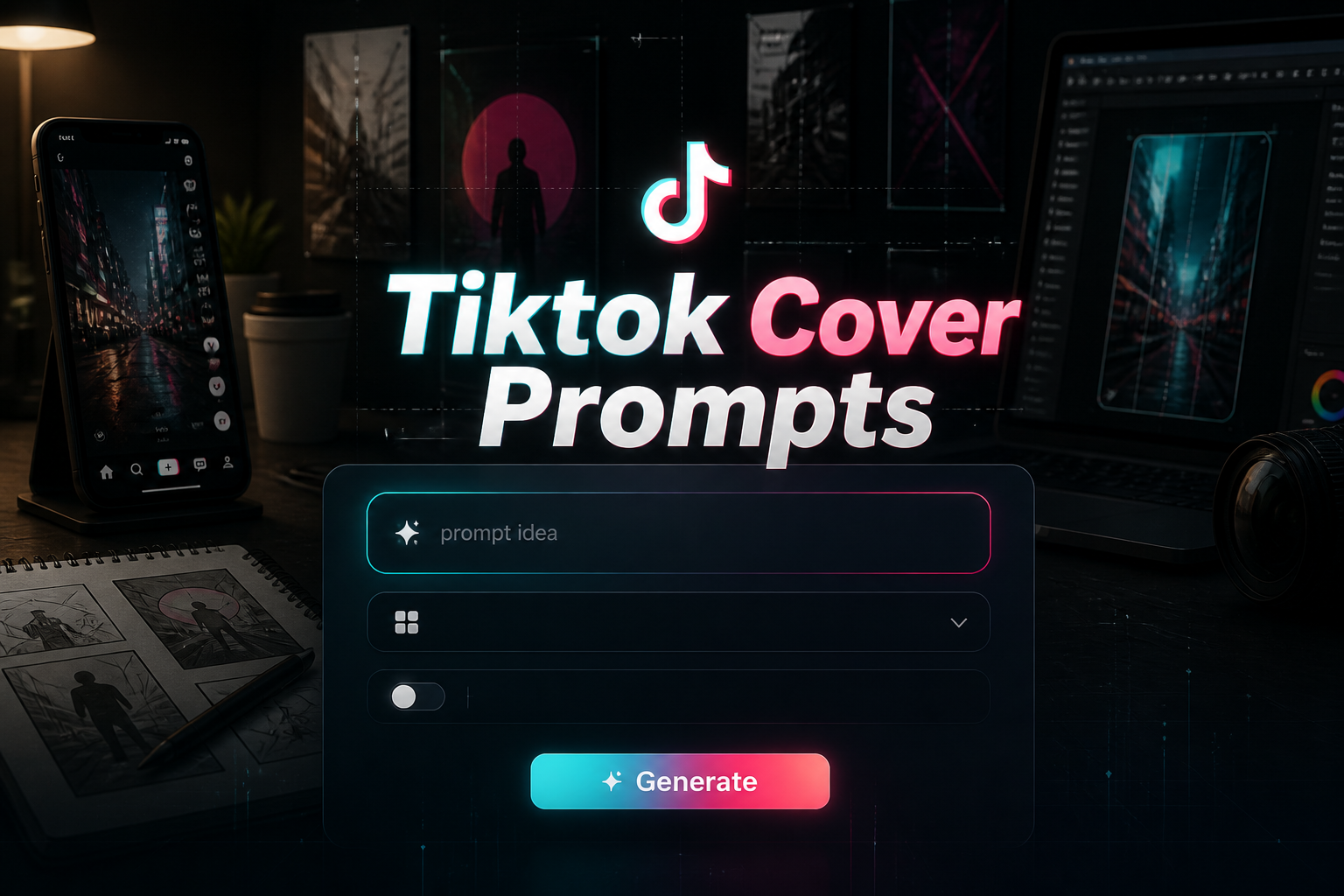 Centered premium TikTok cover prompts hero image with the title Tiktok Cover Prompts, a prompt idea input, cover style dropdown, aspect ratio toggle, and Generate button, styled as a sleek tiktok cover prompts tool interface.