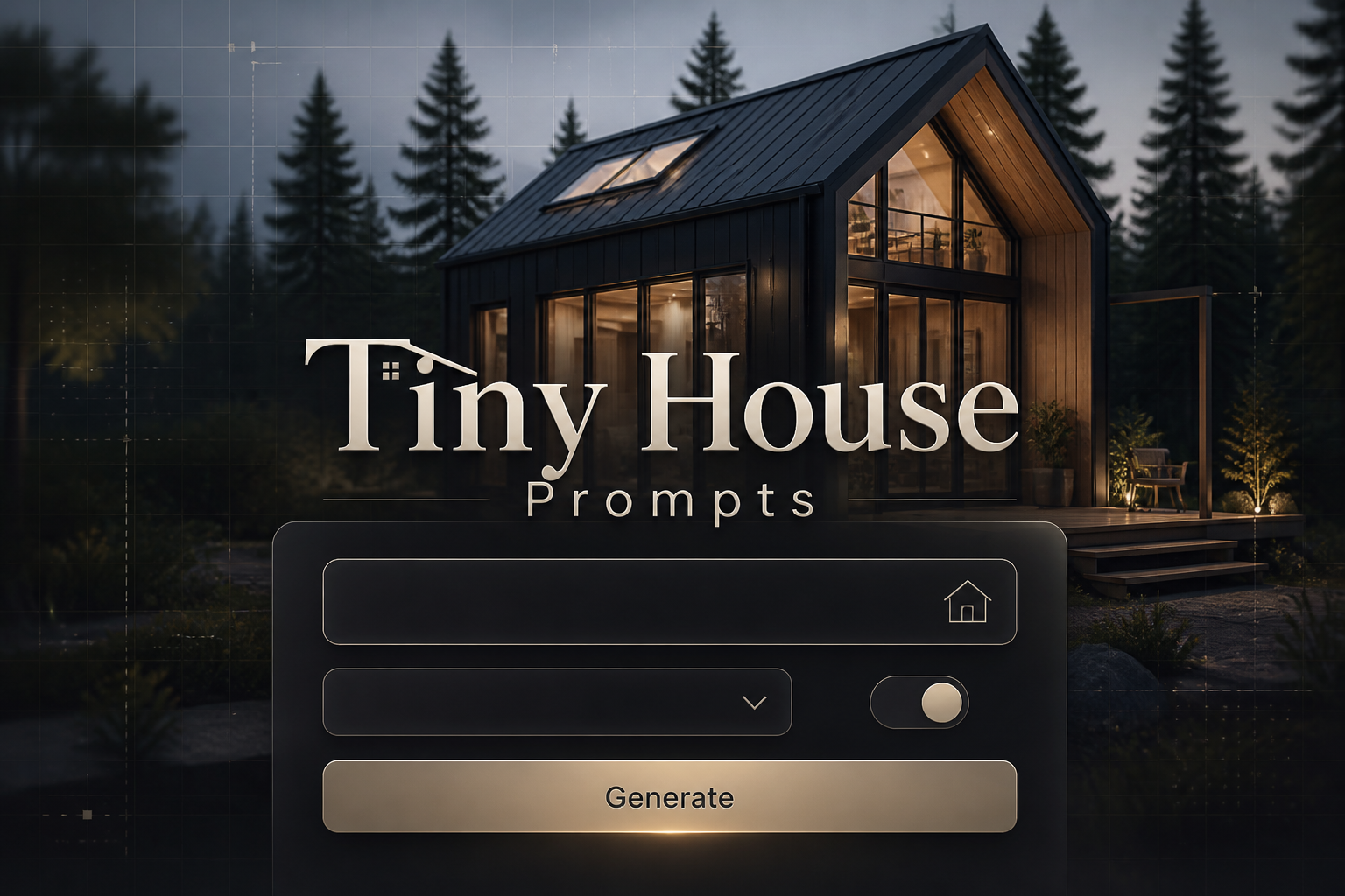Centered hero graphic for a tiny house prompts tool with "Tiny House Prompts" in soft shadow, a sleek panel with input fields, style dropdown, detail toggle, and Generate button, set over a fading tiny house design interface with subtle grid lines and alignment arrows.