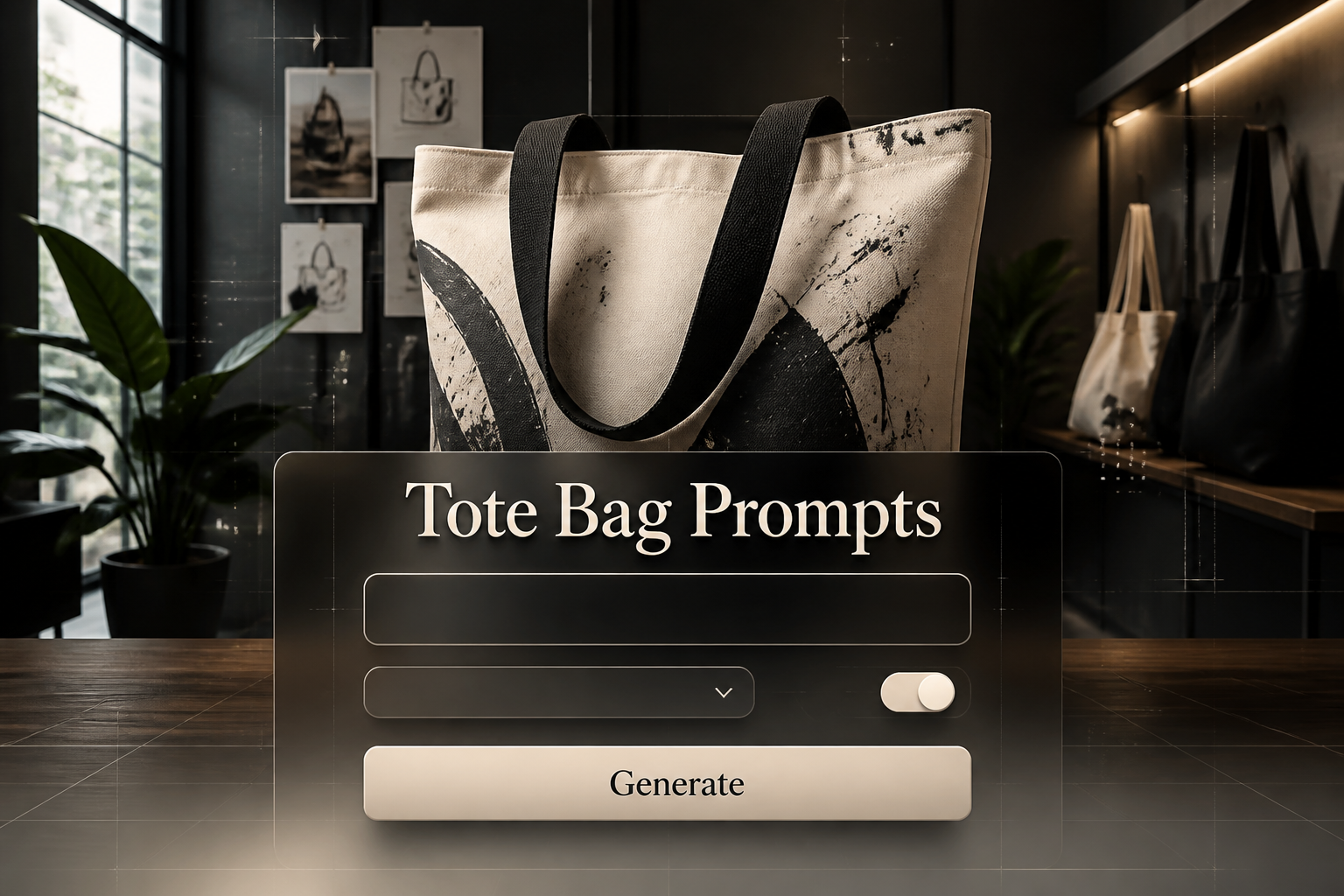 Featured hero image with the title Tote Bag Prompts over a refined prompt generator UI, showing a prompt keywords field, dropdown, toggle, and Generate button, set against a stylish tote bag studio scene for tote bag prompt ideas and AI tote bag design prompts.