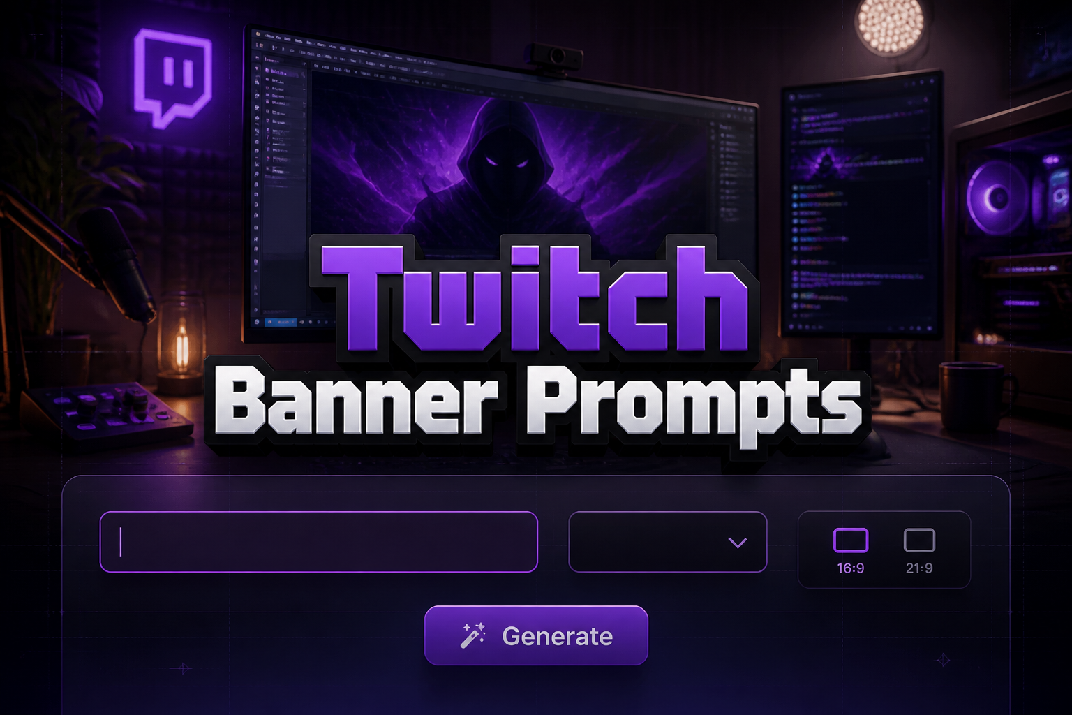Featured Twitch Banner Prompts hero image with a centered UI panel, banner idea input, style dropdown, aspect ratio toggle, and Generate button over a streaming desk scene, ideal for Twitch banner prompt generator and Twitch banner design ideas.