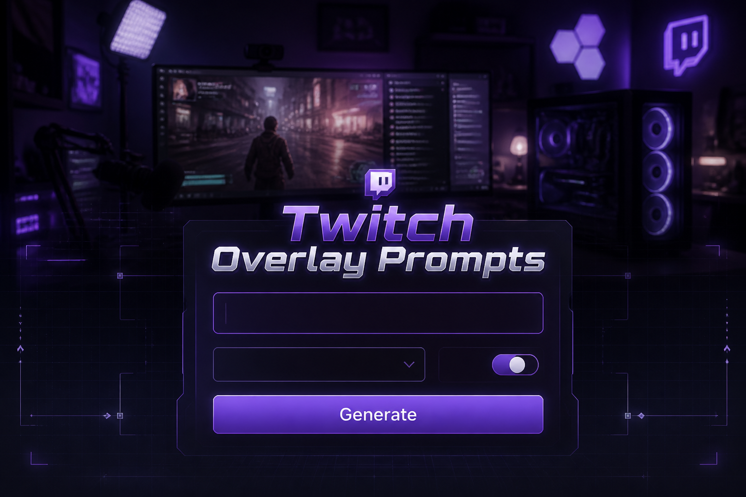 Featured hero image for a Twitch Overlay Prompts tool showing a centered UI panel with the title Twitch Overlay Prompts, one prompt field, a clean style dropdown, a motion toggle, and a Generate button over a live Twitch streaming setup background.
