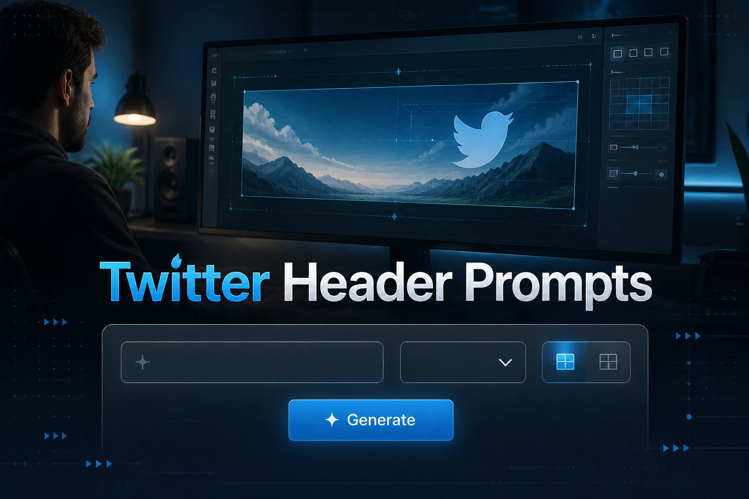 A polished Twitter Header Prompts hero image shows a centered UI panel with the title, one prompt input, a compact dropdown, a layout toggle, and a Generate button, set over a designer workspace with a wide monitor and subtle grid accents.