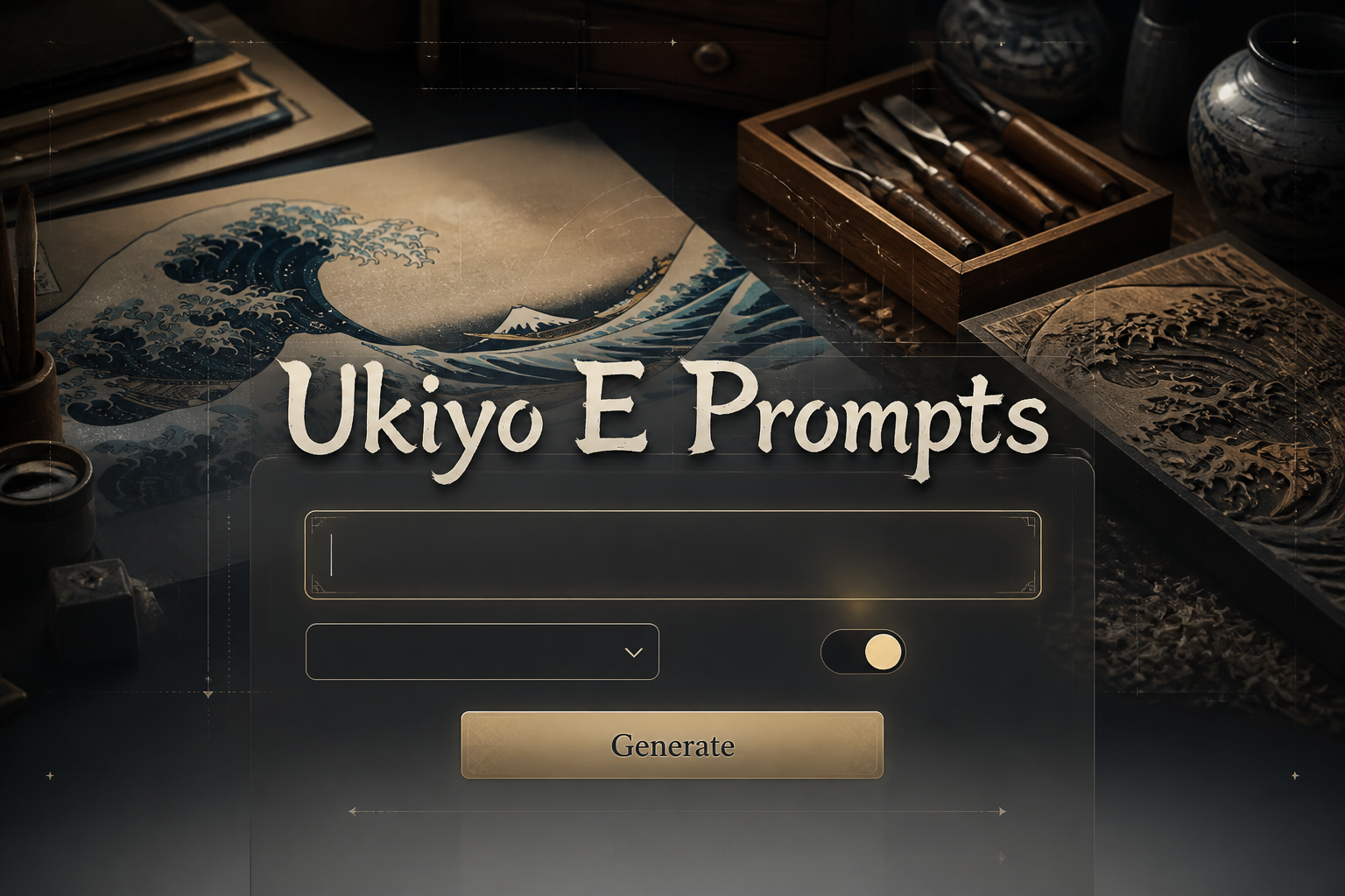 Centered hero UI for Ukiyo E Prompts with soft-shadow title, a prompt idea input, blank dropdown and style toggle, plus a Generate button, set over a refined ukiyo-e prompts tool background with subtle grid lines and premium shadows.