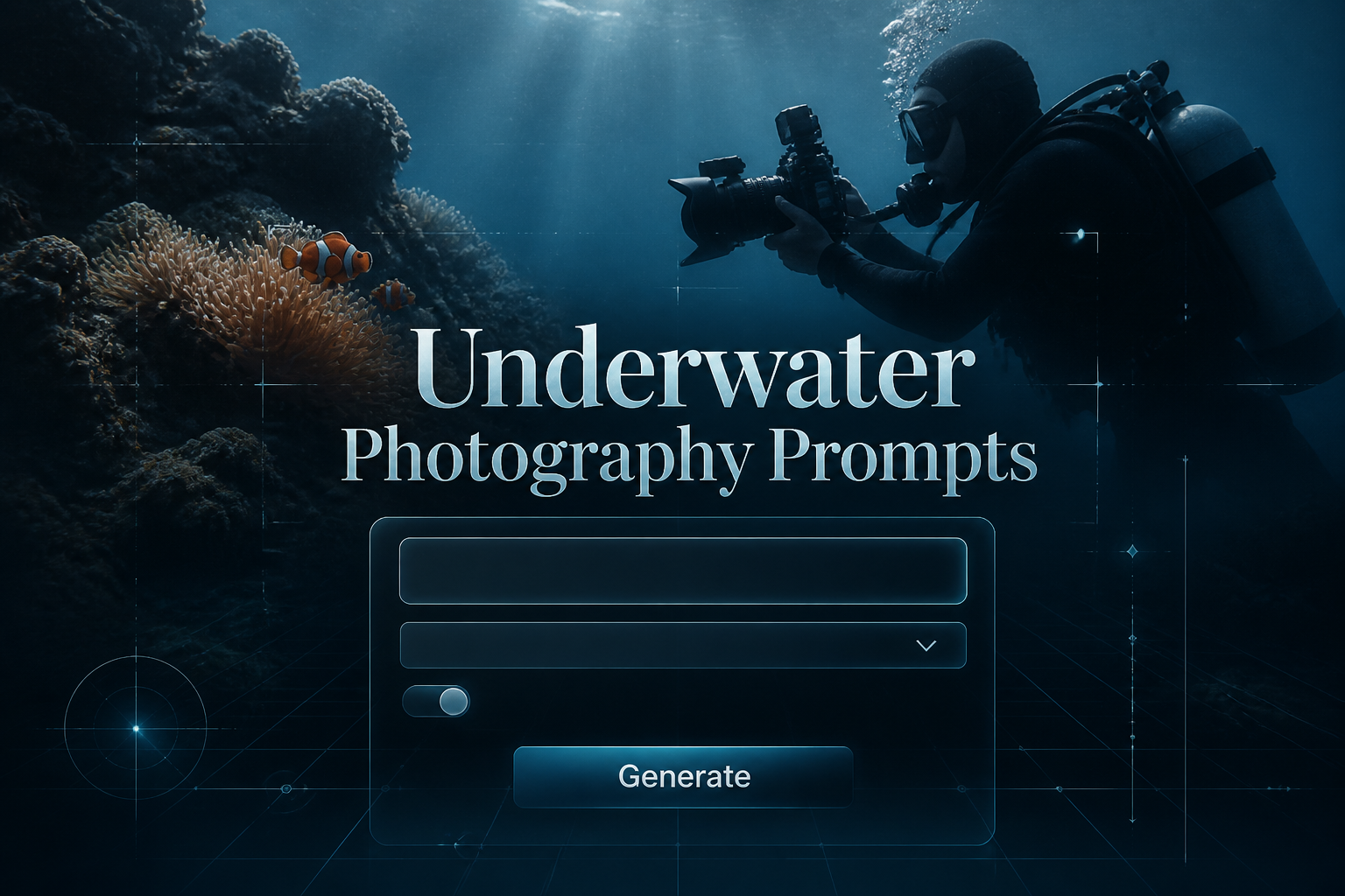 Centered hero graphic for an underwater photography prompts tool, showing the title Underwater Photography Prompts in a soft-shadowed aquatic font above a sleek form panel with prompt style input, underwater scene dropdown, cinematic depth toggle, and Generate button over a diver photographing a reef.