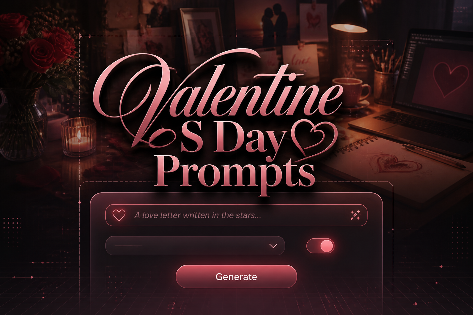 Premium hero graphic for Valentine S Day Prompts with a centered romantic prompt tool UI, one sample input field, subtle dropdown and toggle, Generate button, and a deep black shadow title over a fading dreamy creative workspace.