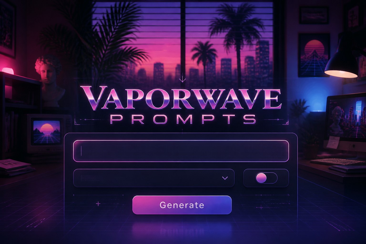 Centered vaporwave prompts hero image with glowing "Vaporwave Prompts" title, a sleek input field, dropdown, toggle, and Generate button over a retro neon workspace, ideal for vaporwave prompt generator inspiration.