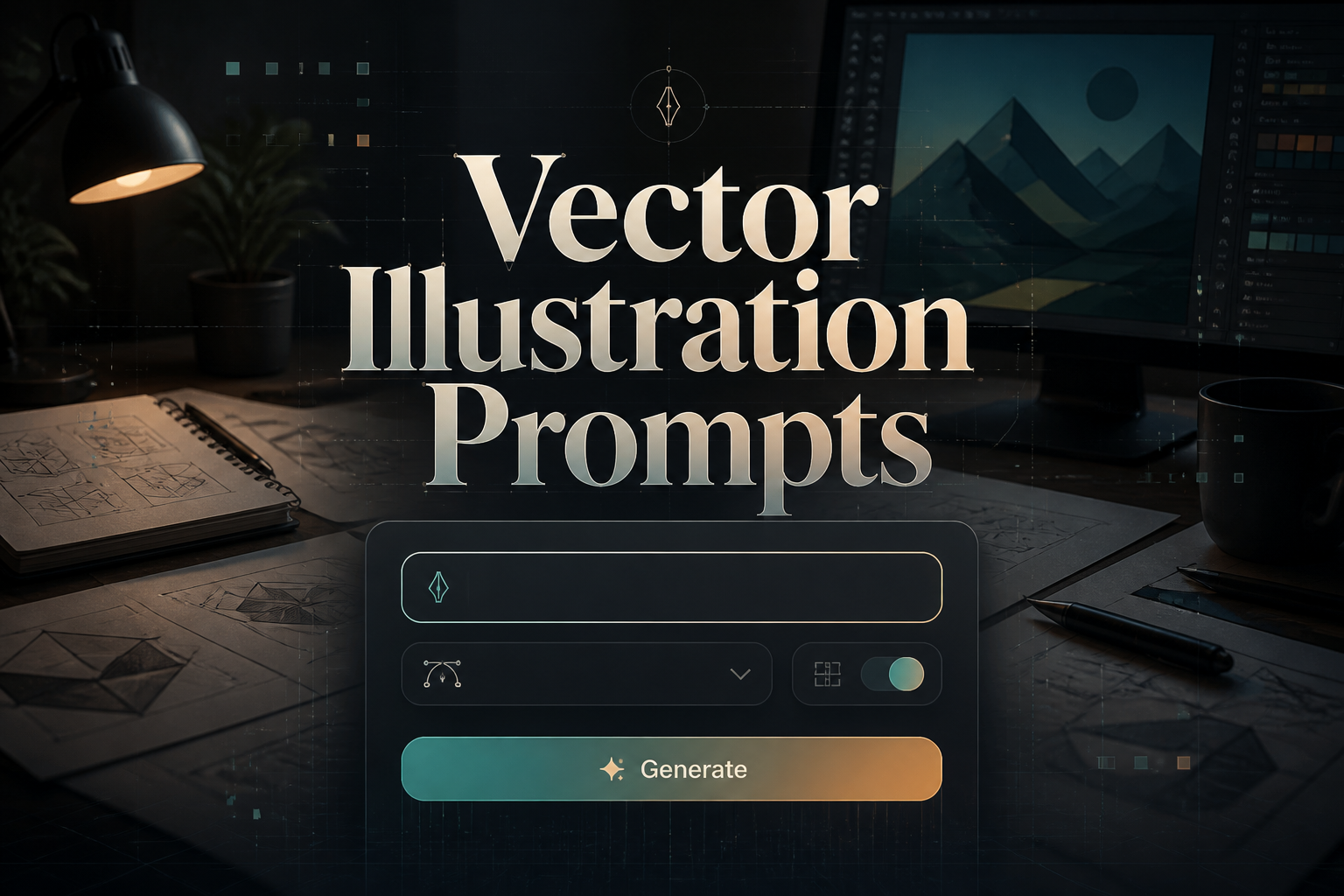 Centered hero image of a premium vector illustration prompts tool with the title Vector Illustration Prompts, a prompt field, illustration style dropdown, detail toggle, and Generate button over a sleek designer workspace with grid accents and sketch cues.