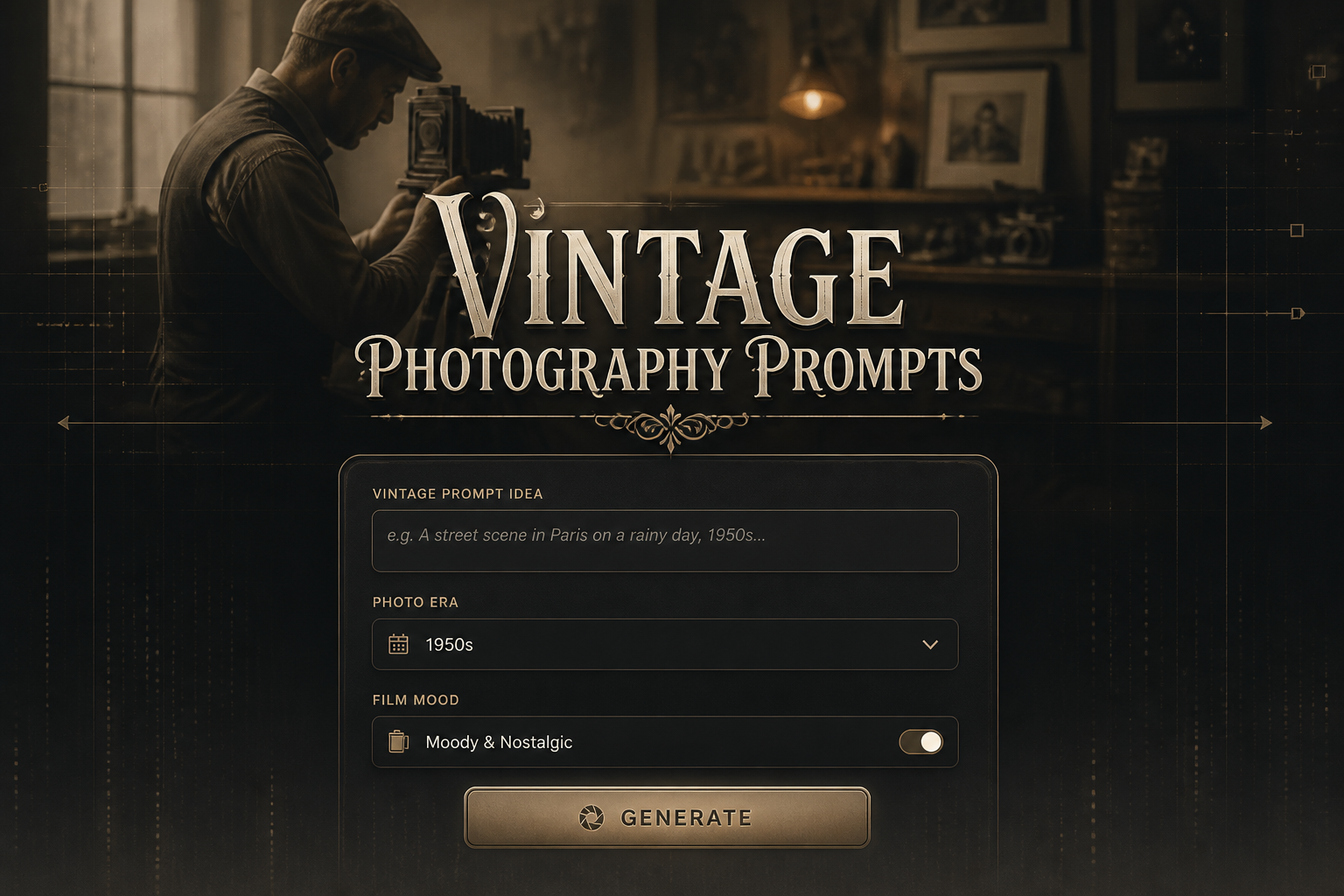 Centered hero graphic for Vintage Photography Prompts with elegant vintage-style title text, a refined UI panel with prompt field, photo era dropdown, film mood toggle, and Generate button over a nostalgic photographer background.