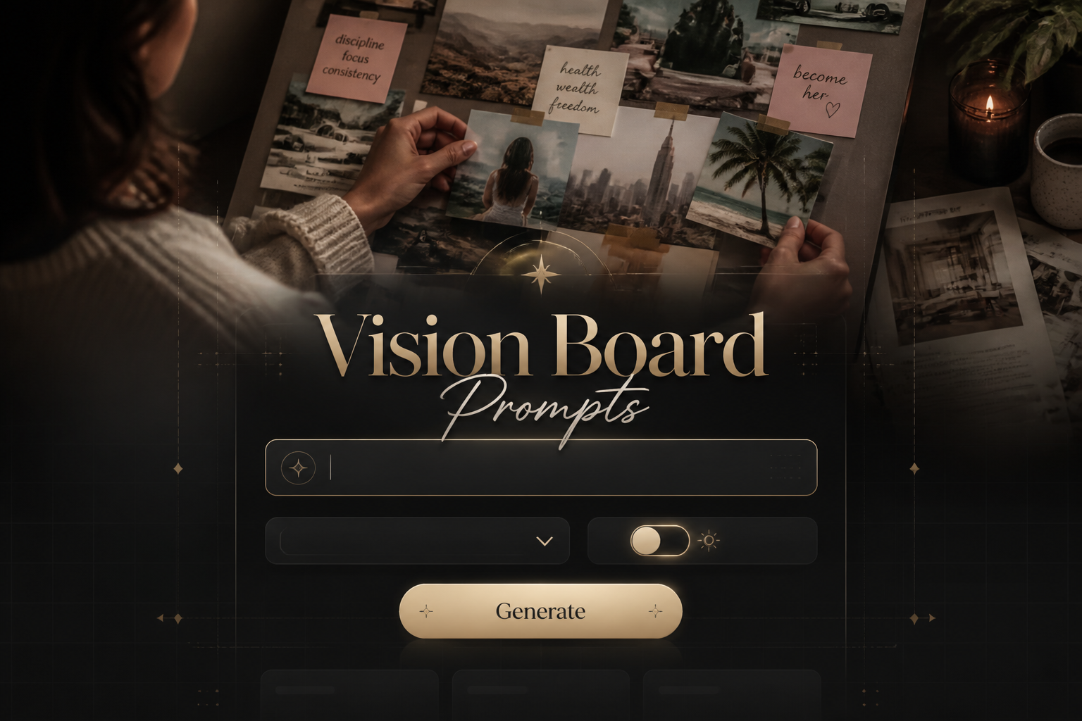 A sleek hero image for vision board prompts shows the title over a polished UI panel with a goal input, dropdown, toggle, and Generate button, fading into a real-life vision board scene with magazines, sticky notes, and images.