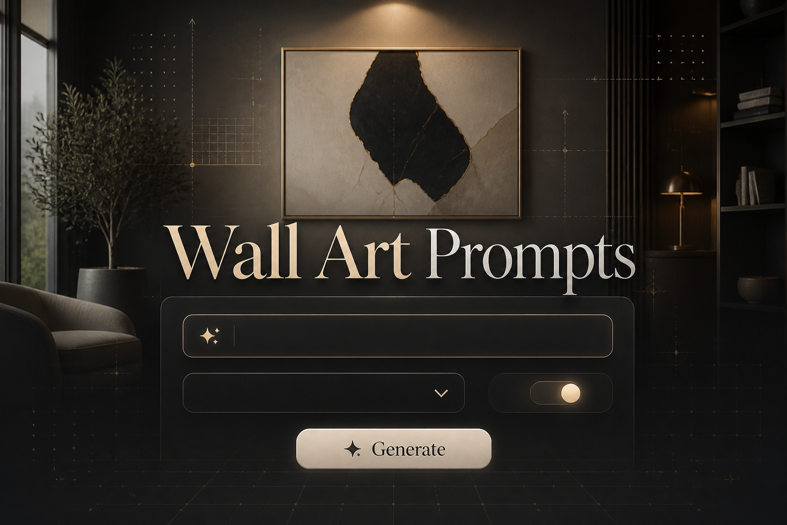Centered hero graphic for a wall art prompts tool with "Wall Art Prompts" in soft-shadowed display type above a sleek panel, showing a prompt input, style dropdown, mood toggle, and Generate button over an interior wall mockup with framed art and subtle grid UI.