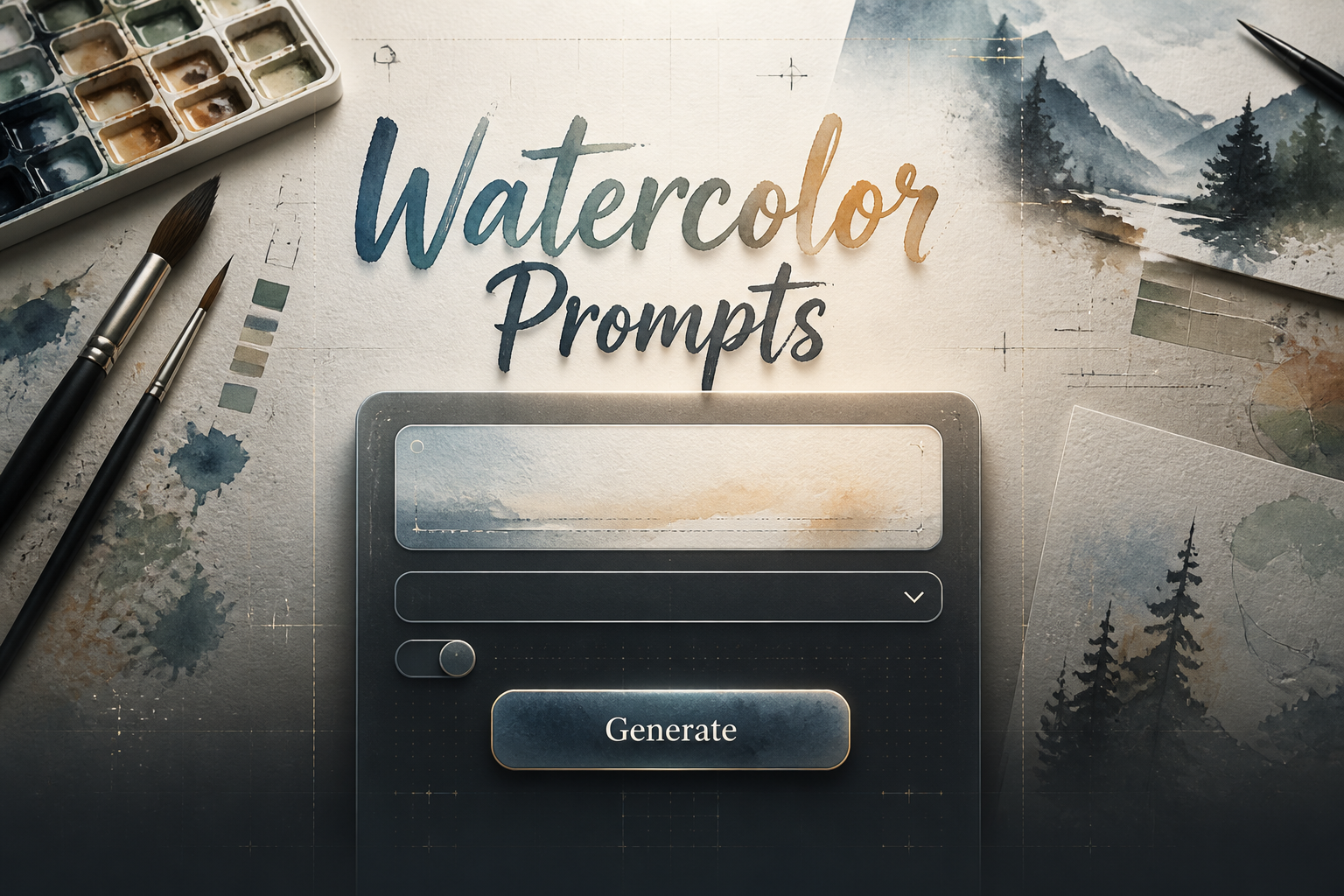 Centered watercolor prompts hero UI with a soft-shadow title, one prompt field, style dropdown, toggle, and Generate button over brushes, paper, paint washes, and subtle grid lines, ideal for watercolor prompt generator inspiration.