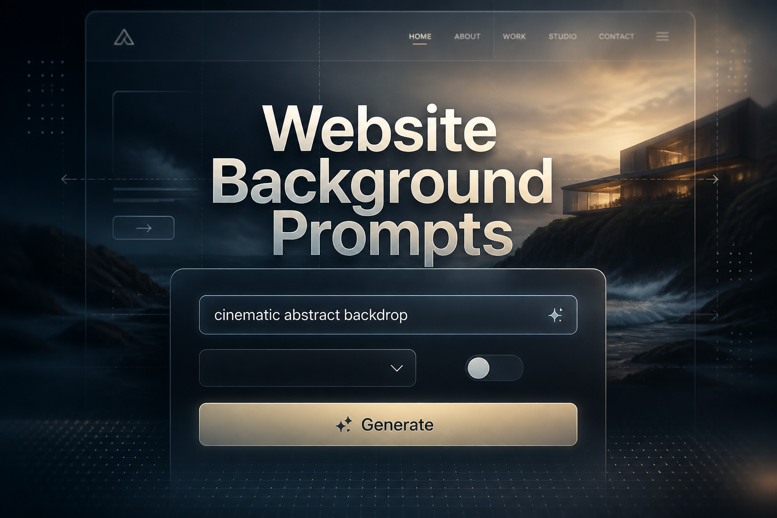 Centered hero UI for a website background prompts tool with the title "Website Background Prompts," a field reading "cinematic abstract backdrop," a Generate button, and subtle dropdown and toggle controls over a polished abstract web design background.