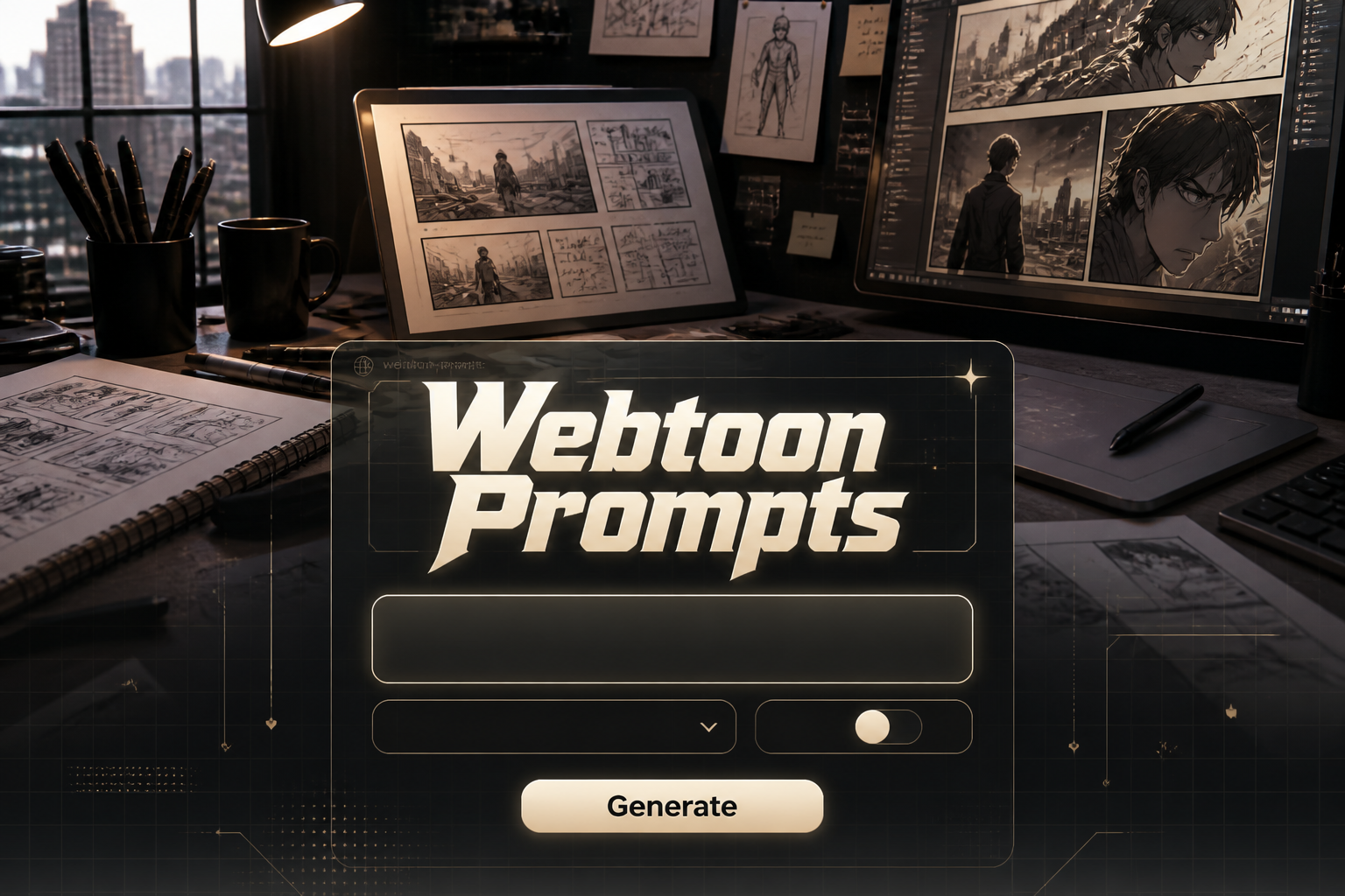 Centered webtoon prompts tool UI over a creator workspace, with "Webtoon Prompts," a prompt field, dropdown, toggle, and Generate button, plus storyboard sketches and comic panels for webtoon prompt generator and webtoon writing prompts.