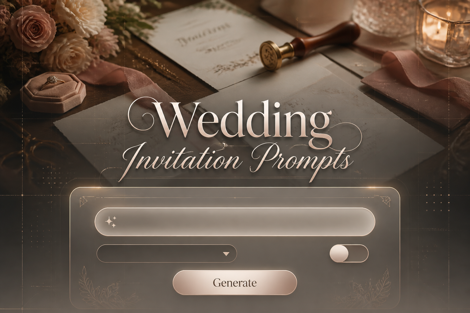 Elegant wedding invitation prompts hero image with centered "Wedding Invitation Prompts" title, a refined prompt-idea input, dropdown and toggle, plus a Generate button over a romantic planning background, perfect for wedding invitation wording ideas.