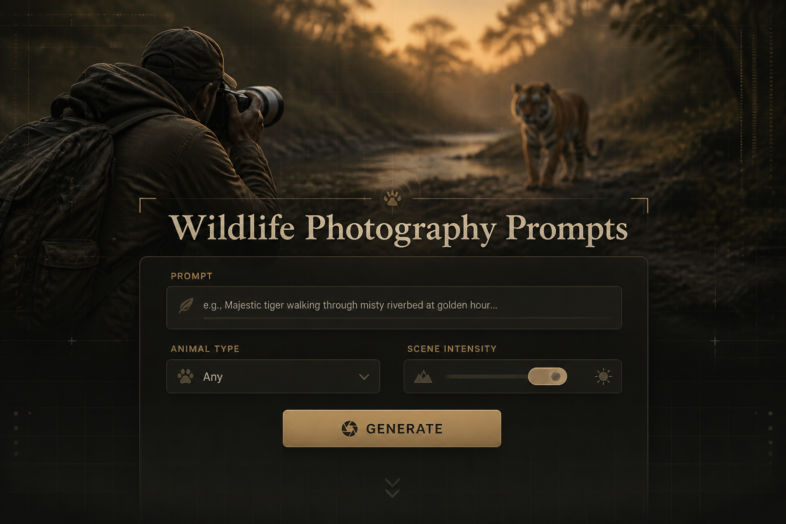 Centered hero graphic for Wildlife Photography Prompts showing a refined wildlife prompt input field, animal type dropdown, scene intensity toggle, and Generate button over a cinematic wildlife photographer habitat scene with subtle grid accents.