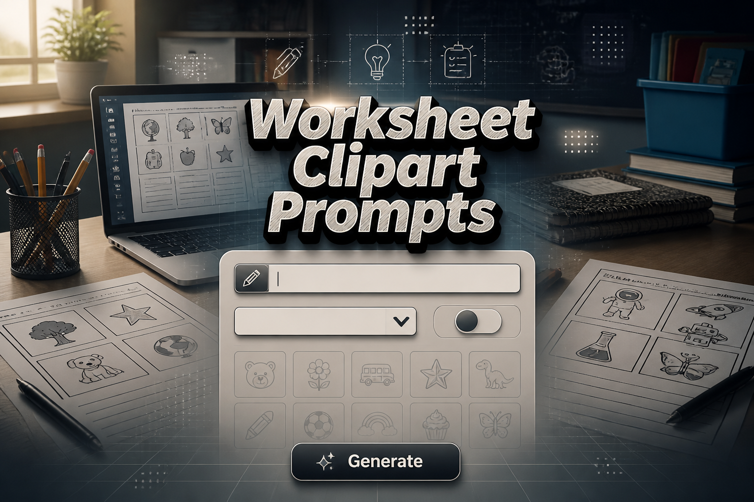 Featured hero graphic for a worksheet clipart prompts tool with a centered UI panel, one worksheet subject input, blank dropdown, small clipart toggle, and a Generate button, over a real classroom-style background with subtle grid lines and deep black shadowed title text.