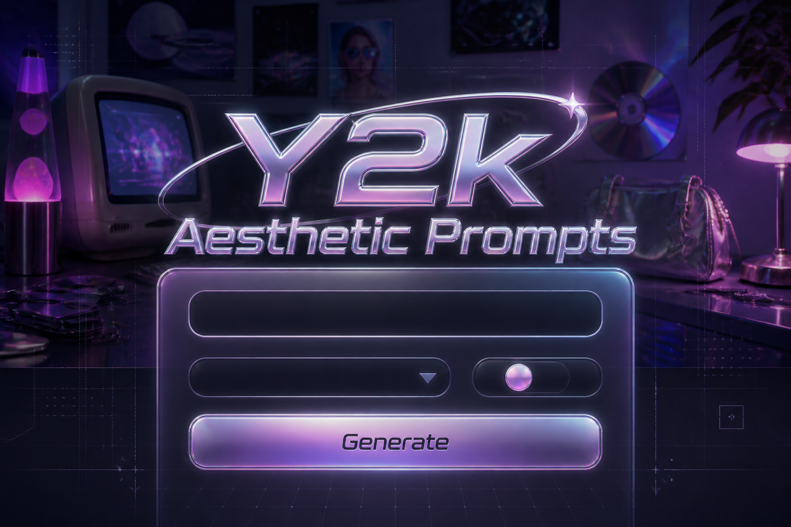 Centered Y2K-style hero graphic with "Y2k Aesthetic Prompts" in soft-shadow chrome typography above a sleek prompt panel with input field, style dropdown, detail toggle, and Generate button, plus neon grid accents and nostalgic iridescent tones.