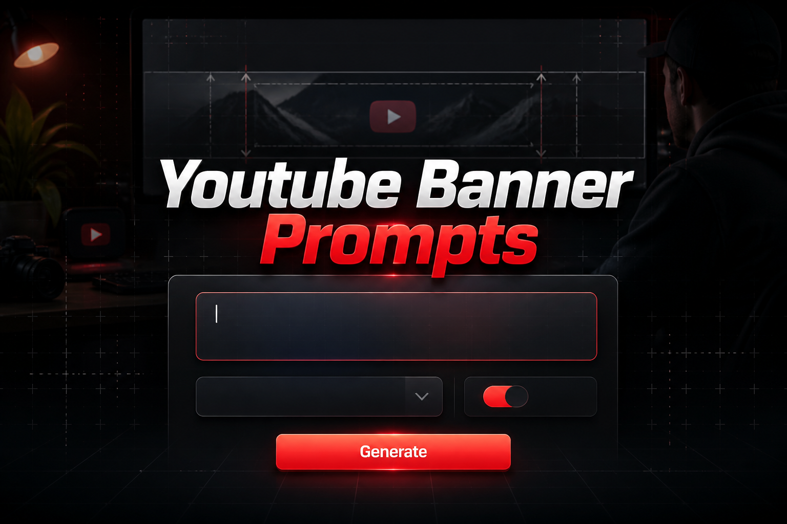 Centered hero banner shows "Youtube Banner Prompts" above a sleek prompt input, clean dropdown, toggle and "Generate" button, with a creator workspace background and subtle grid UI for youtube banner prompt ideas and YouTube banner prompt generator.