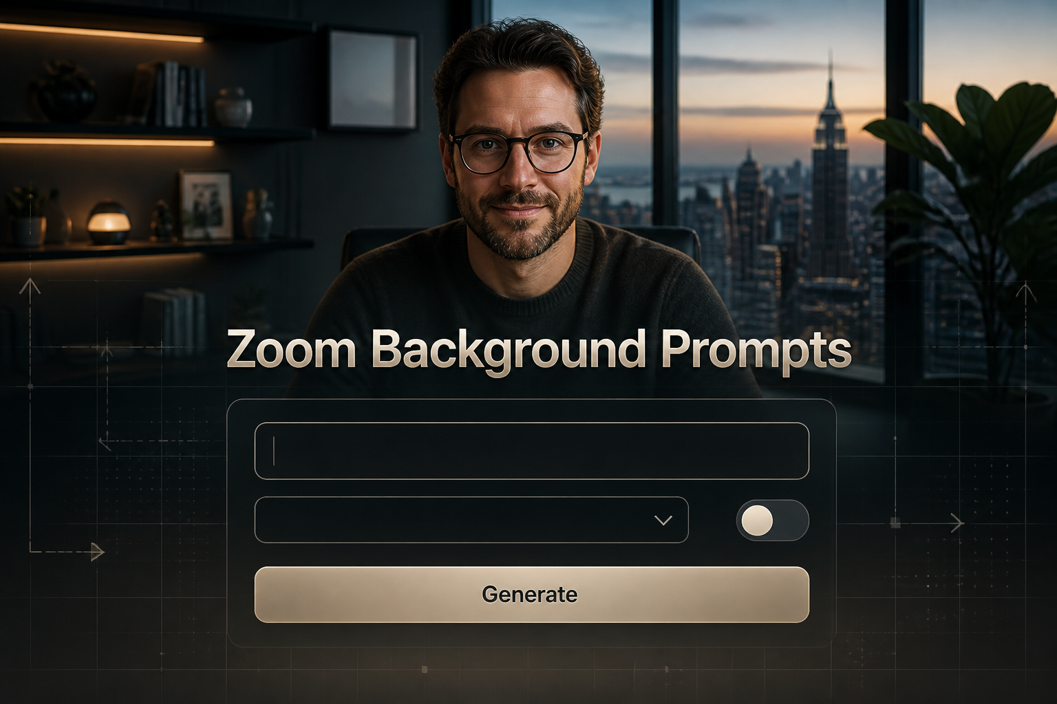 Centered featured image with "Zoom Background Prompts," a sleek prompt field, dropdown, toggle, and Generate button over a polished video call home office scene, ideal for zoom background prompt ideas and virtual meeting background prompts.