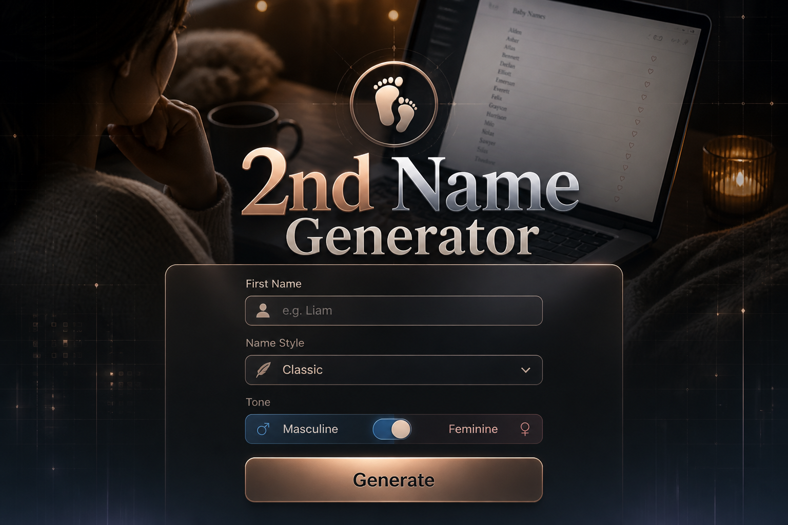 Centered hero graphic for a 2nd name generator showing the title "2nd Name Generator," a sleek UI panel with a first name field, name style dropdown, tone toggle, and Generate button over a dark real-life laptop scene with baby name list and subtle grid accents.