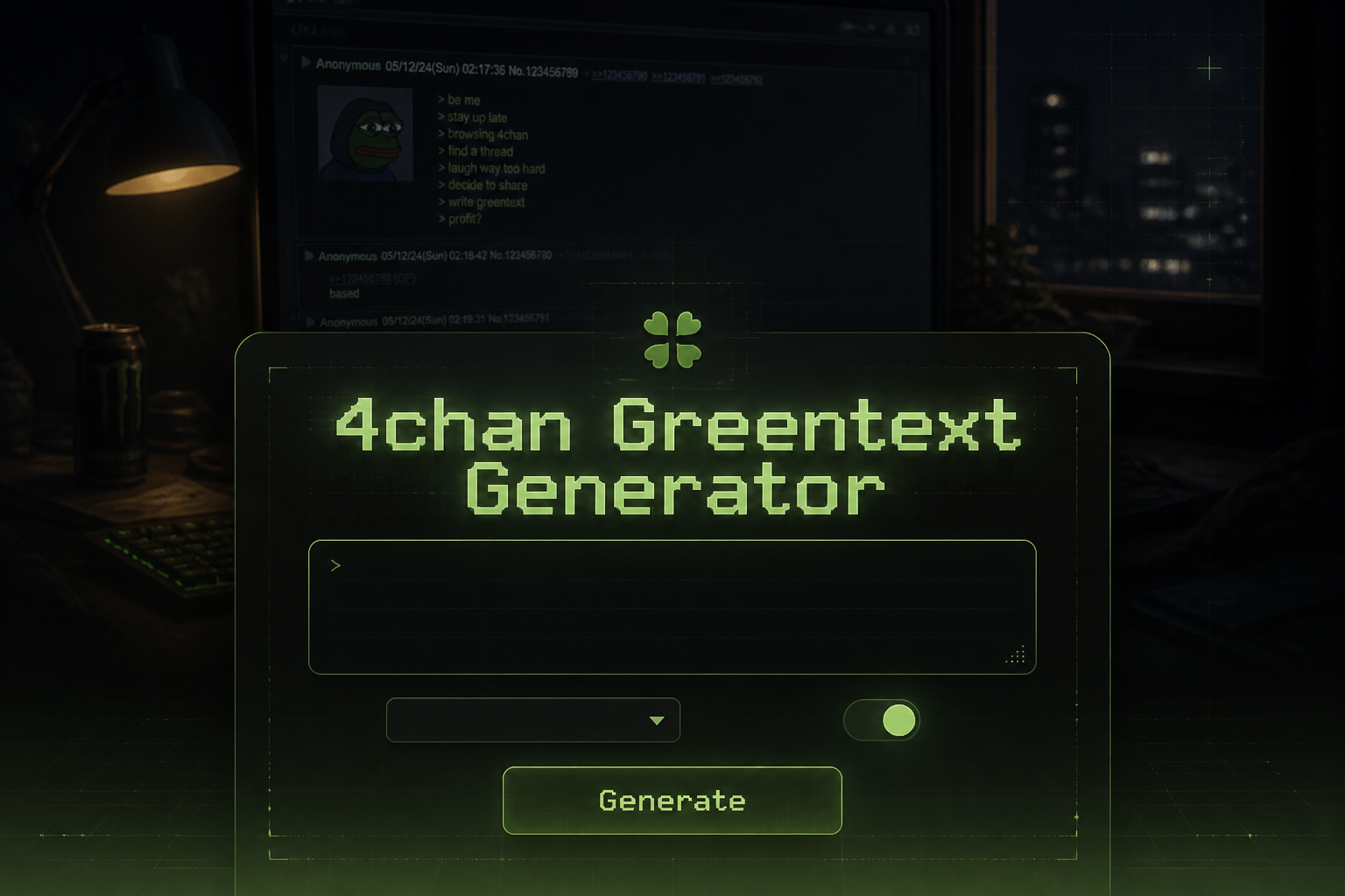 Centered hero graphic with the title 4chan Greentext Generator above a sleek greentext generator UI, featuring a large text input, unlabeled style dropdown, toggle, and Generate button over a late-night forum posting setup with subtle grid accents.