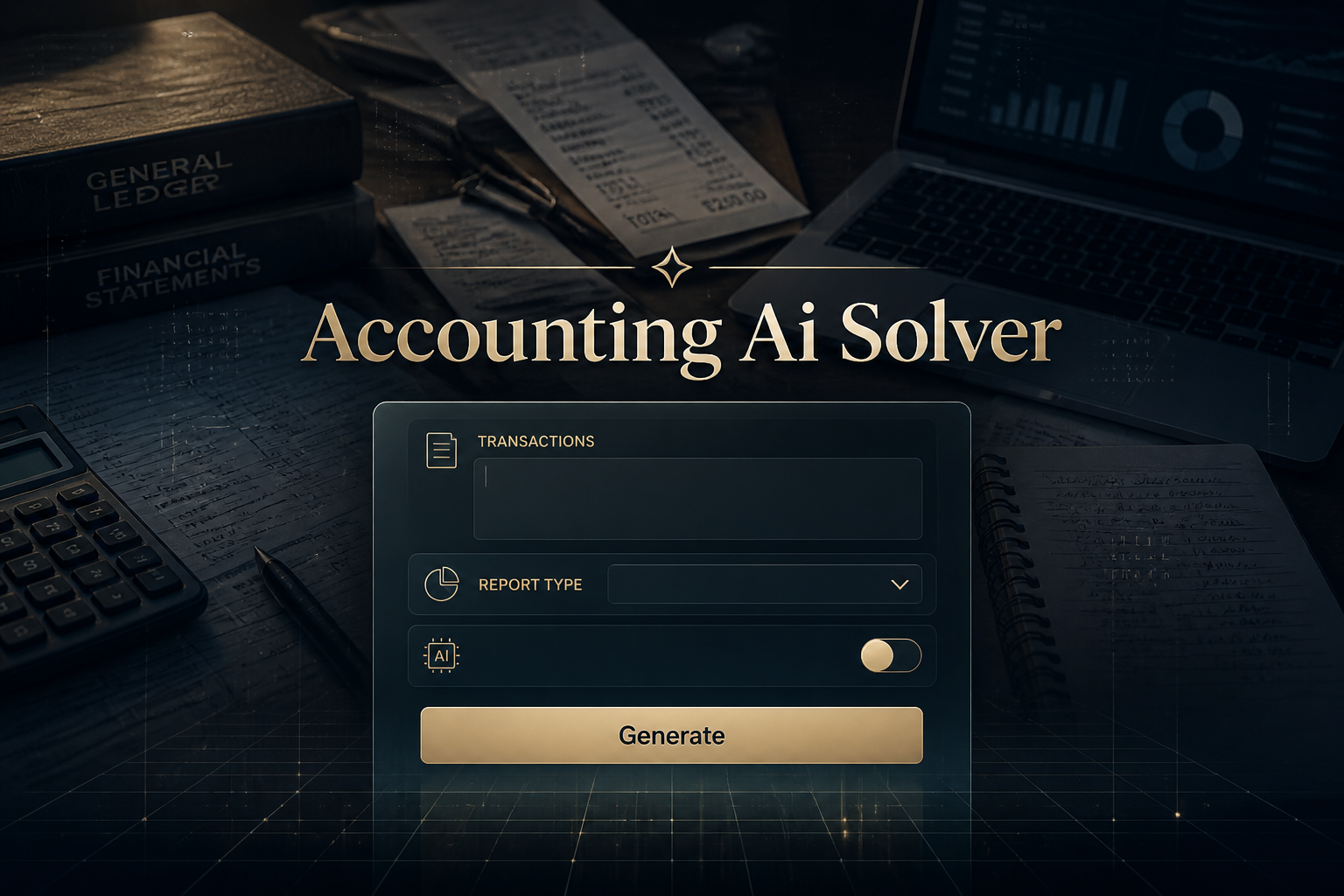 Centered hero graphic for Accounting Ai Solver showing a sleek accounting AI calculator UI with a transactions input, report type dropdown, toggle, and Generate button over a realistic ledger-and-laptop workspace for AI accounting automation.