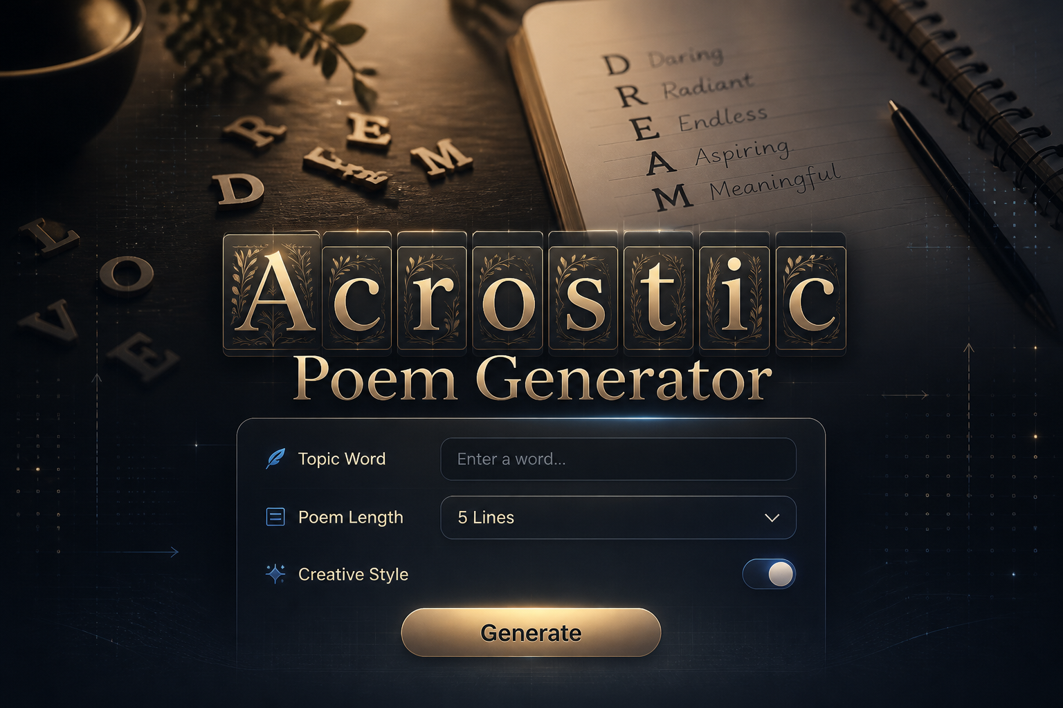 Hero image for an acrostic poem generator featuring the title Acrostic Poem Generator, a sleek UI panel with a topic word field, poem length dropdown, creative style toggle, and Generate button over a refined writing-and-letter arrangement background.