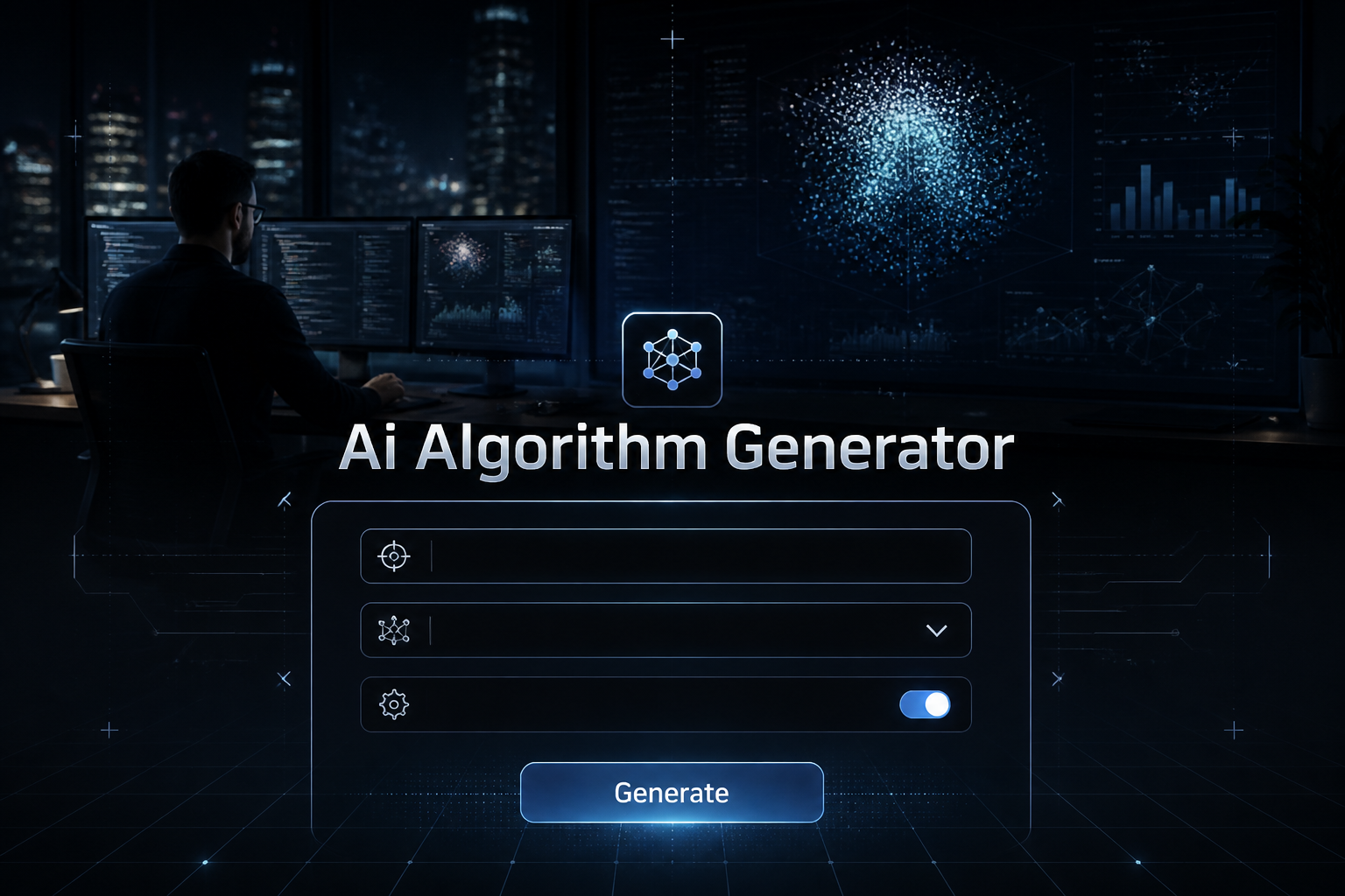 Centered hero graphic for an Ai Algorithm Generator with a refined UI panel, algorithm goal input, model type dropdown, optimization toggle, and Generate button over a high-contrast machine learning data analysis background, ideal for AI algorithm generation tool searches.