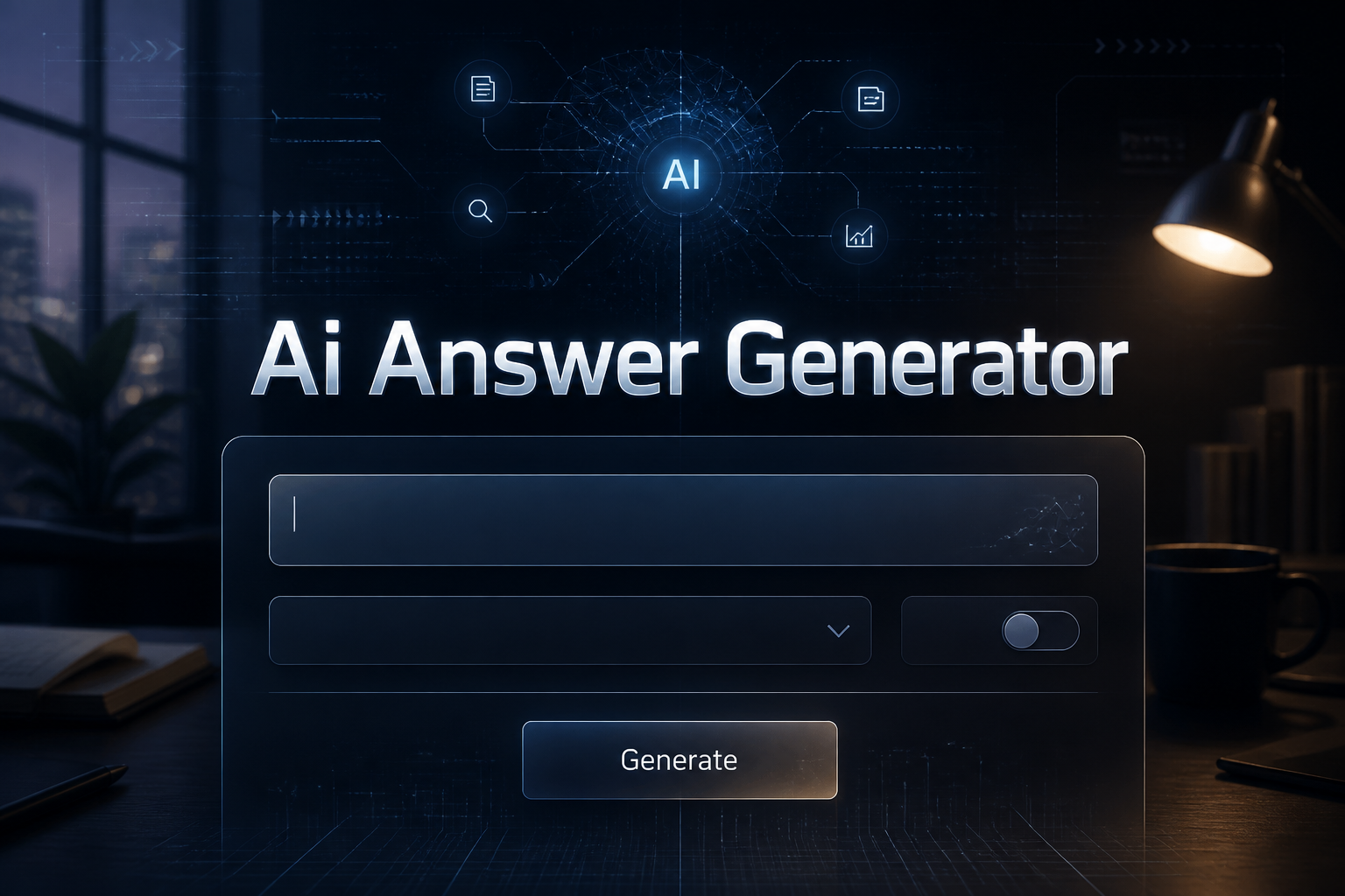 Centered premium AI workspace hero image with the title Ai Answer Generator, a clean prompt input, dropdown, toggle, and Generate button, blending into a modern ai answer generator tool interface with subtle grid accents.