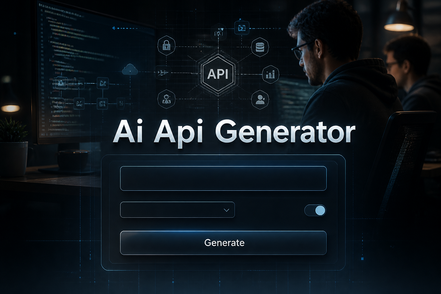Centered hero graphic for Ai Api Generator showing a refined AI API generator UI panel with an API prompt field, dropdown, toggle, and Generate button over a developer workflow background with subtle grid lines and premium tool aesthetics.