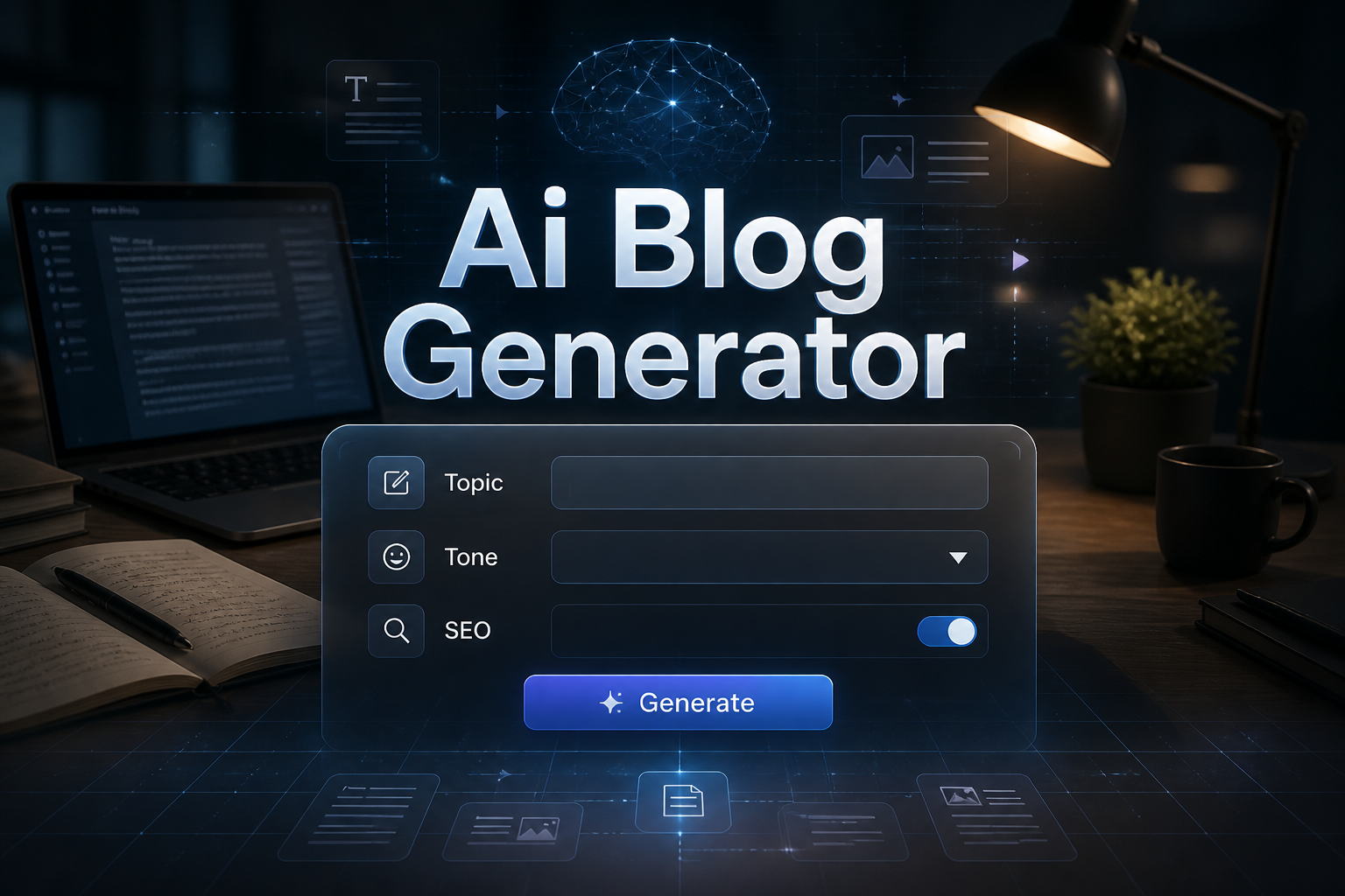 Centered hero graphic of an Ai Blog Generator interface with a topic field, tone dropdown, SEO toggle, and Generate button over a polished writer workspace scene, ideal for ai blog generator tool and AI blog writing interface design.