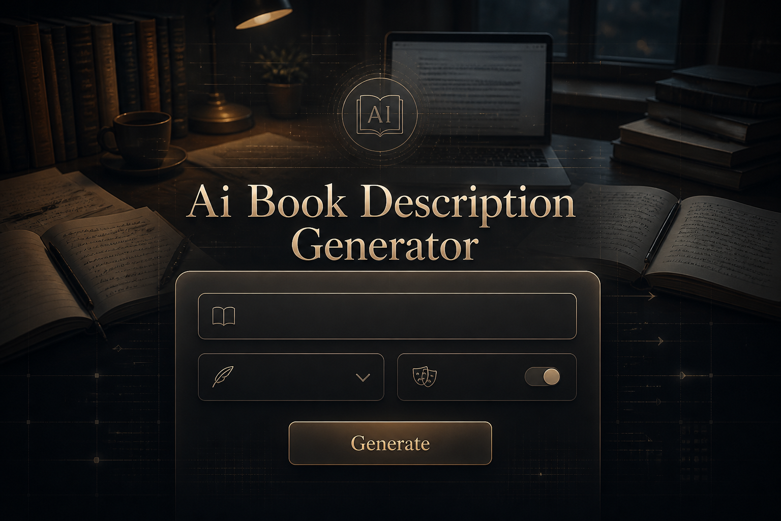 Centered sleek hero graphic for an AI book description generator, showing a polished UI panel with book title, genre dropdown, tone toggle, and Generate button over a writer's desk background with books, notes, and a laptop.