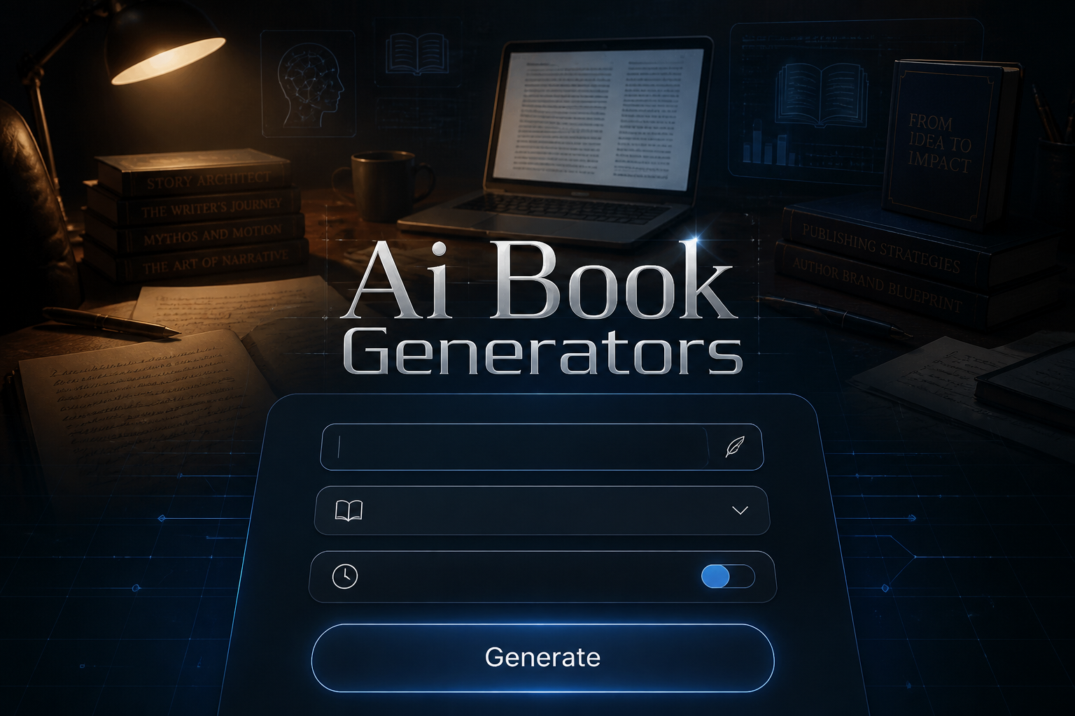 Centered hero graphic for Ai Book Generators showing a sleek AI writing UI with book topic, genre, length, and Generate controls over an author workspace background, ideal for an AI book generator tool and book creation software.
