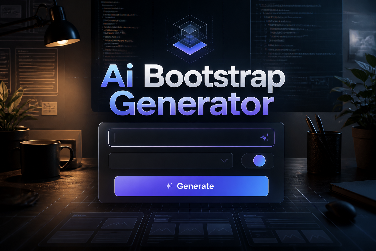 Centered hero graphic for an ai bootstrap generator tool showing a polished UI panel with the title Ai Bootstrap Generator, an app idea input, minimal dropdown and toggle, and a Generate button over a designer workspace with code and grid accents.
