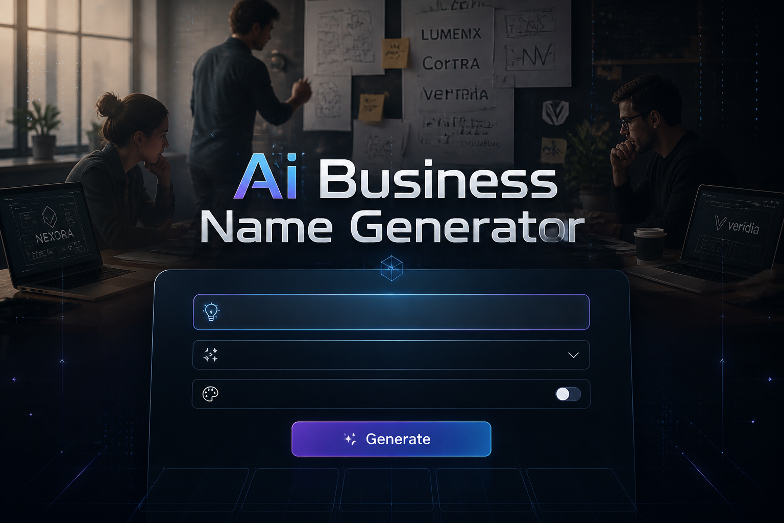 Hero graphic for an Ai Business Name Generator showing a sleek centered UI panel with a business idea input, dropdown selector, style toggle, and Generate button over a modern startup workspace, ideal for AI business name generator tool branding.