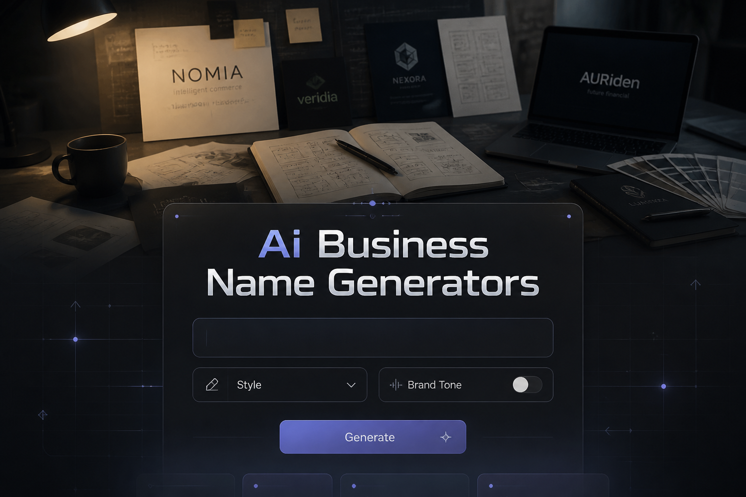 Polished AI tool hero image with the title Ai Business Name Generators, a business idea input, style dropdown, brand tone toggle, and Generate button, set over a modern branding workspace for AI business name generator and startup naming tool.