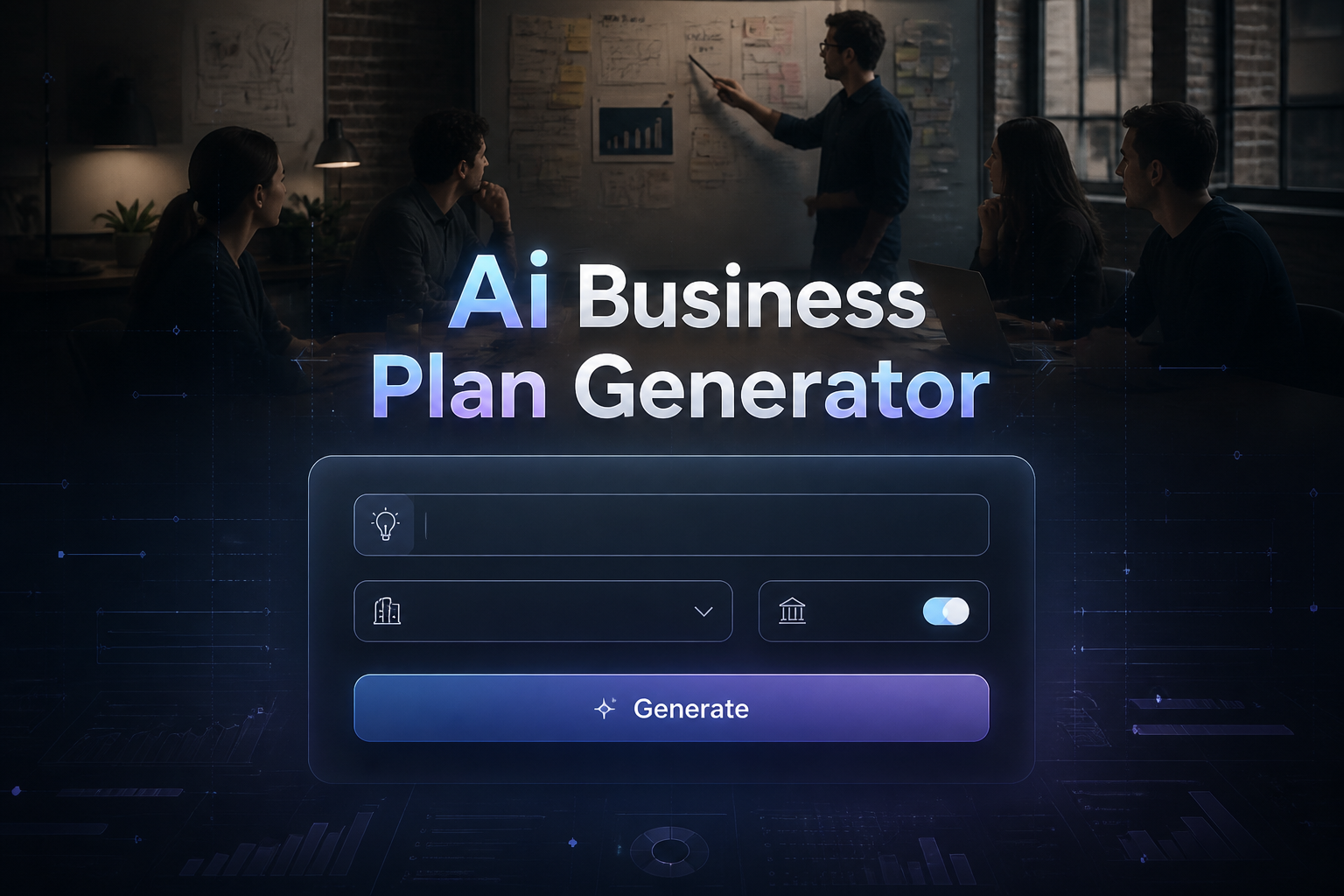 Centered hero image of an AI business plan generator UI with business idea, industry and funding fields plus a Generate button, fading into a modern startup workspace with charts and laptops, sleek AI business plan generator template.