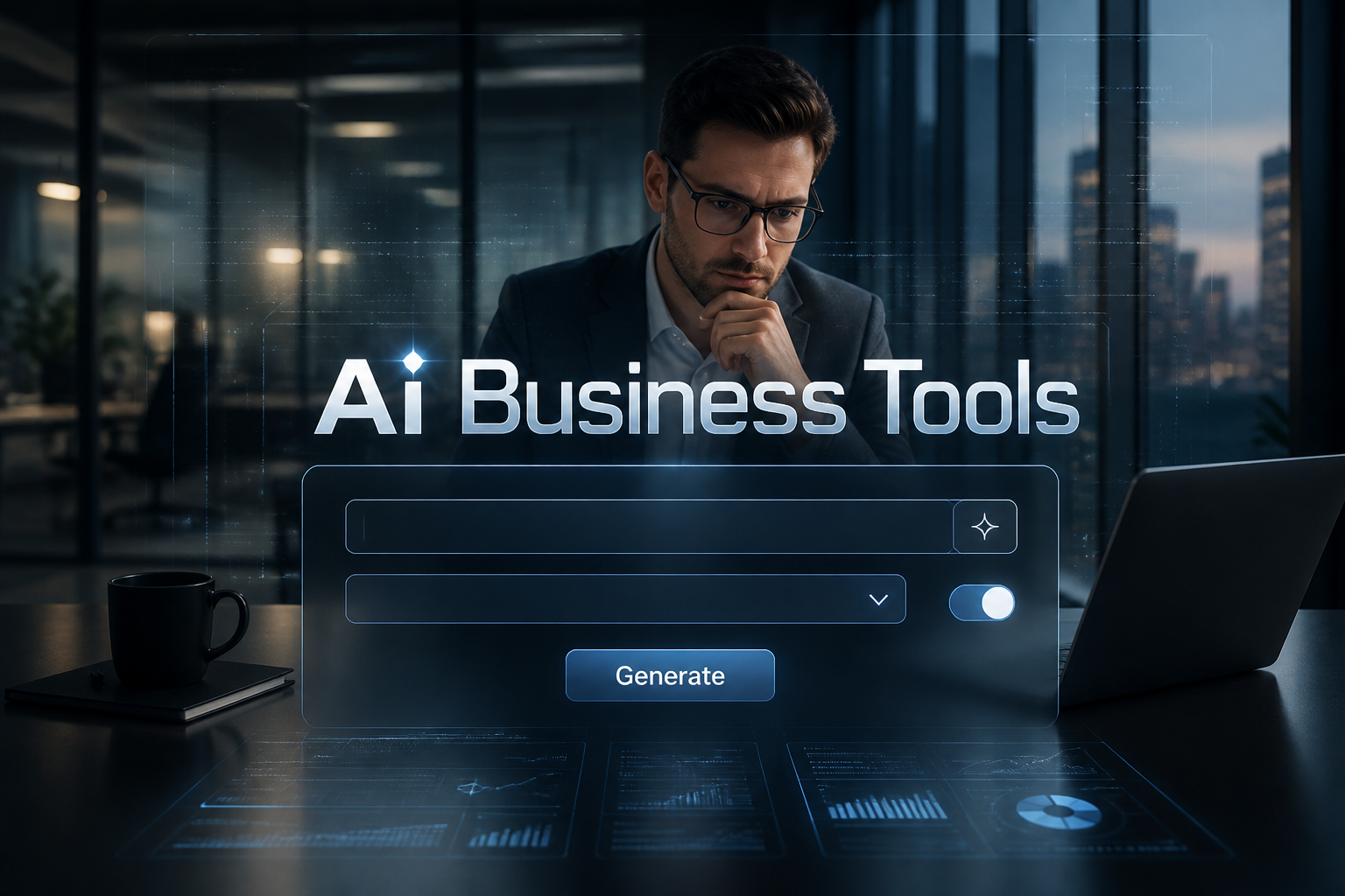 Centered hero graphic for Ai Business Tools showing a refined AI business tool panel with one input field, dropdown selector, toggle switch, and Generate button over a sleek office-style background with subtle grid lines and premium UI detailing.