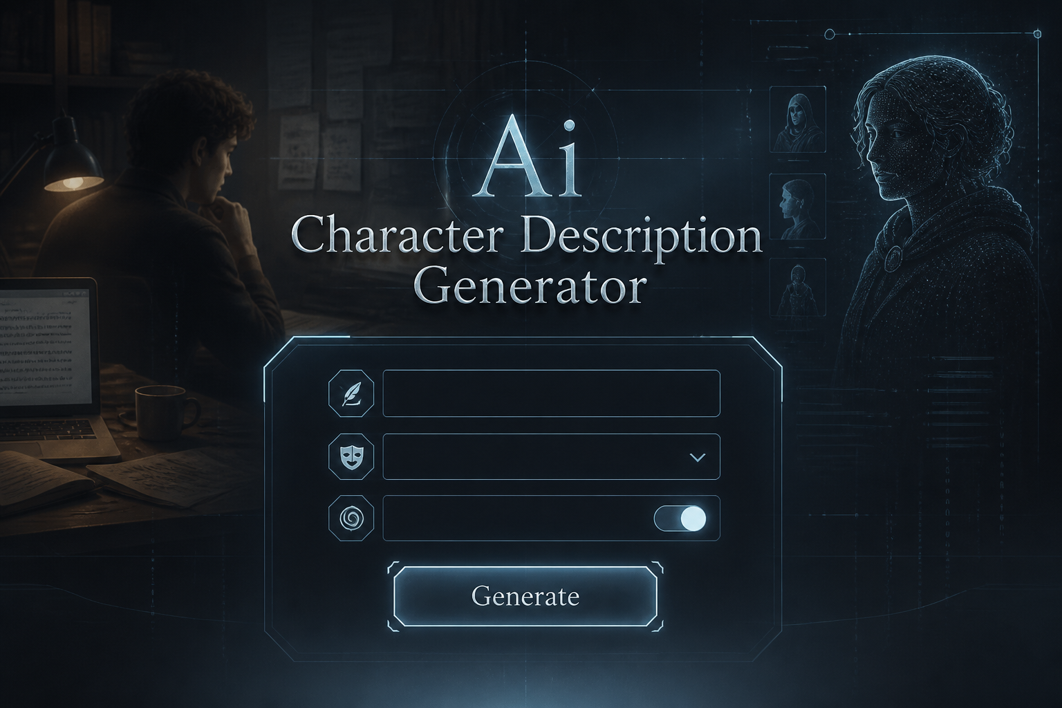 Centered hero graphic for an AI character description generator with a soft-shadow title, refined input fields for character seed, genre or archetype dropdown, mood toggle, and Generate button over a polished dark-to-light UI backdrop.