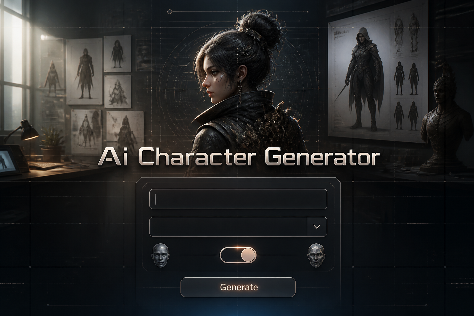 Centered futuristic hero image with the text Ai Character Generator in a soft shadow, a character name field, style archetype dropdown, realism toggle, and Generate button, set over a premium creative studio ai character generator workflow background.