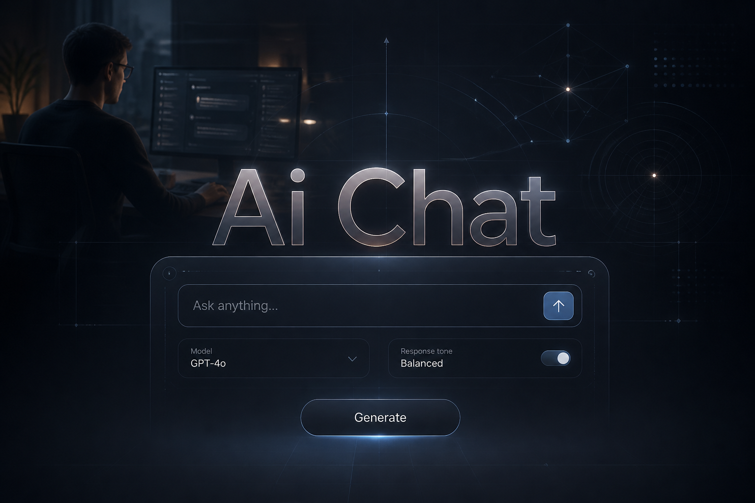 Centered hero graphic for Ai Chat showing a polished conversational AI interface with a prominent chat input, model dropdown, response tone toggle, and Generate button over a realistic AI workstation background.