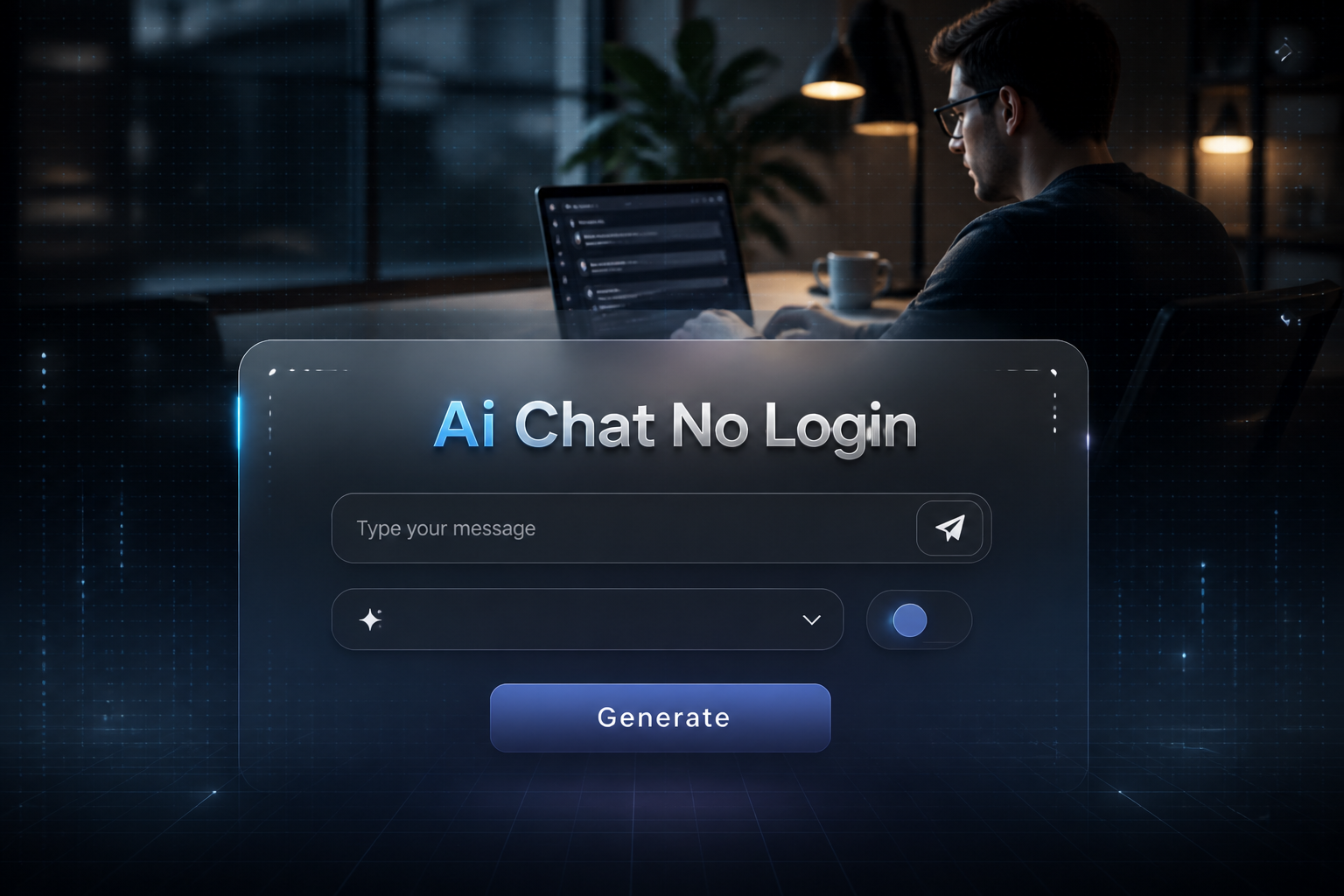 Centered hero graphic for ai chat no login with a refined chat interface, "Ai Chat No Login" headline, message field, style dropdown, privacy toggle and Generate button, set over a modern laptop workspace for no login AI chat.