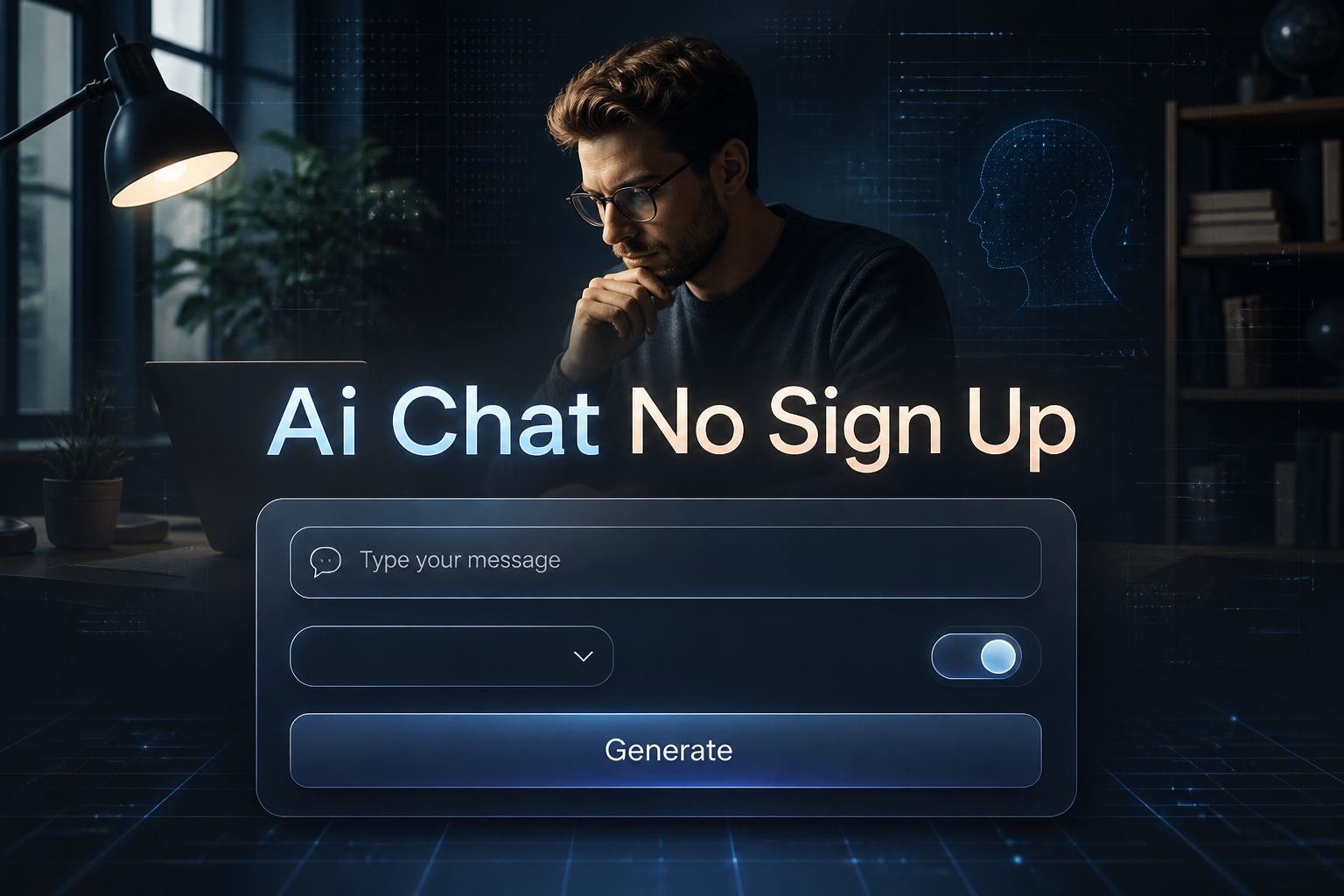 Centered hero graphic for an ai chat no sign up tool with the title text "Ai Chat No Sign Up," a message input, chat mode dropdown, instant access toggle, and Generate button over a sleek AI chat interface with subtle grid lines and premium reflections.