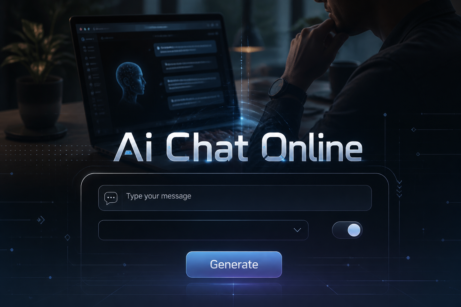 Centered hero image for an ai chat online tool shows the title Ai Chat Online above a sleek chat form with message field, dropdown, toggle, and Generate button, over a laptop scene of a person using AI chatbot online with subtle grid accents.