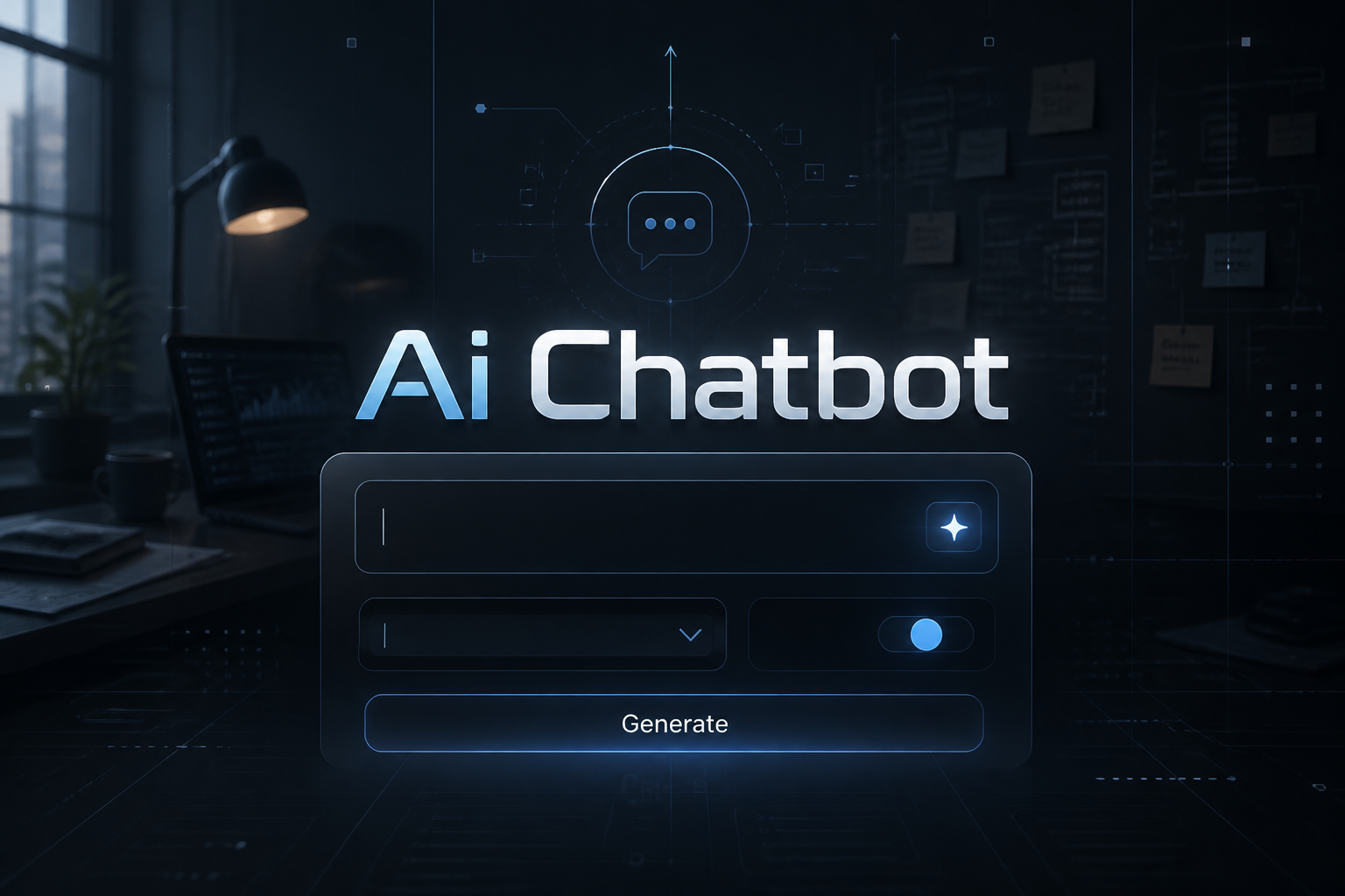 Centered sleek AI chatbot hero panel with the title Ai Chatbot, a prompt input field, compact model dropdown, toggle, and Generate button over a premium dark workspace background with subtle grid lines for an AI chatbot tool interface.